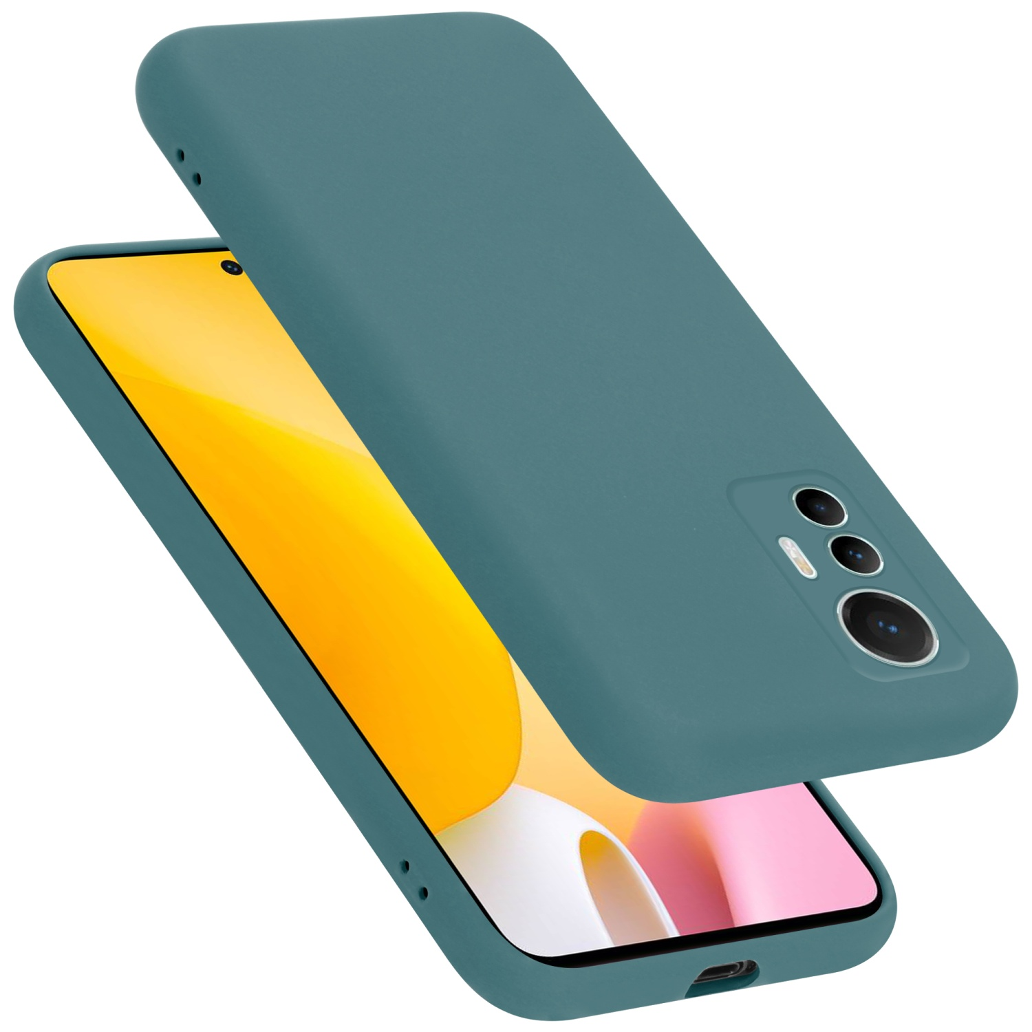 Eine türkisfarbene Handyhülle mit einem Telefon darin auf weißem Hintergrund.