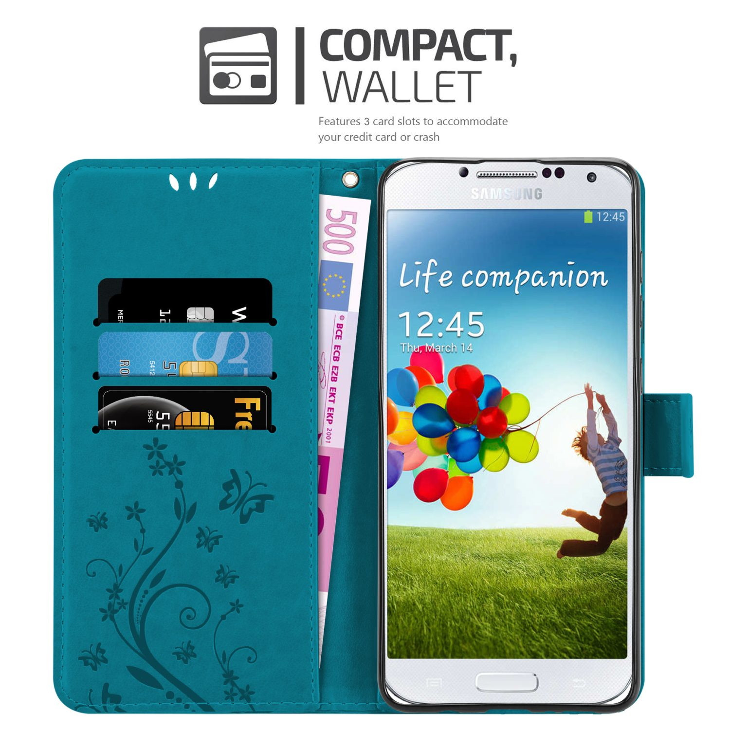 Custodia a portafoglio per telefono teal. È aperta con un telefono all'interno, che mostra un'immagine colorata. Contiene slot per carte.