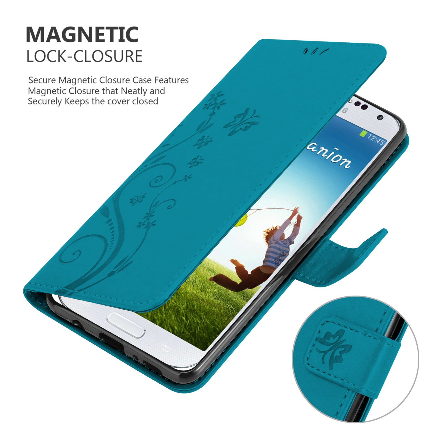 Custodia per telefono verde acqua aperta, con un telefono che mostra una persona che salta. Il testo dice 'Chiusura magnetica'.