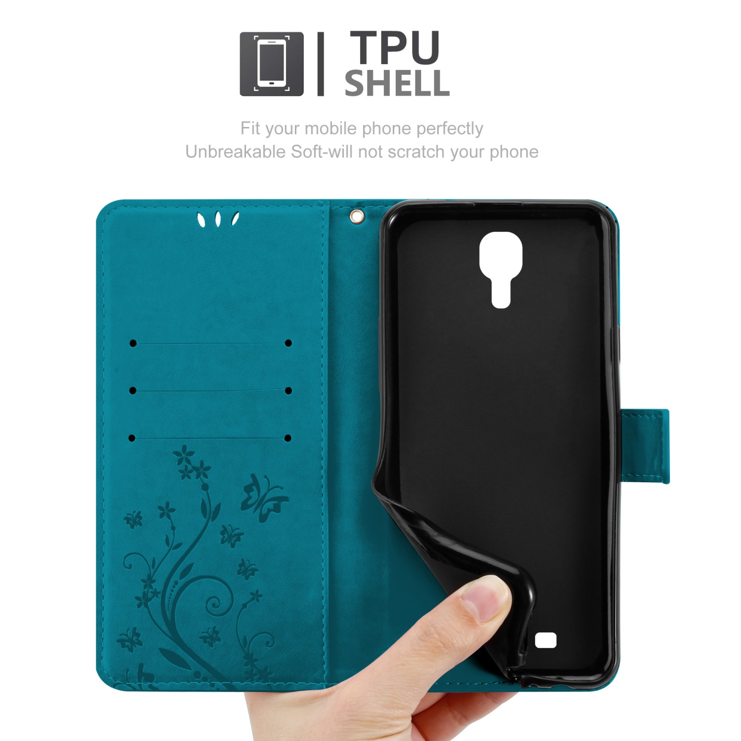Una custodia per telefono verde acqua aperta, che mostra un telefono nero all'interno, con un design floreale e un'etichetta TPU.