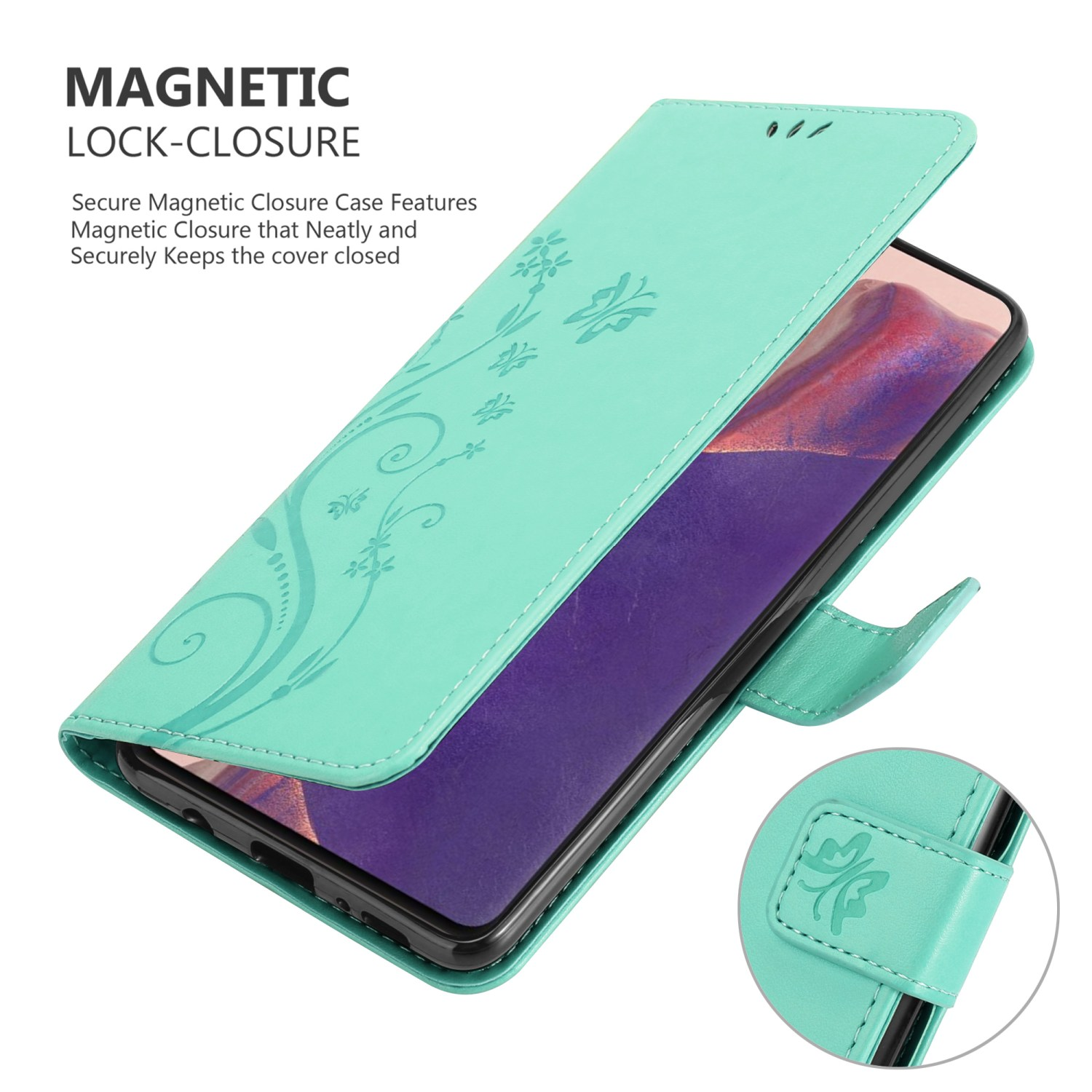 Custodia verde menta con design floreale, aperta per rivelare il telefono. Viene mostrata la chiusura magnetica.