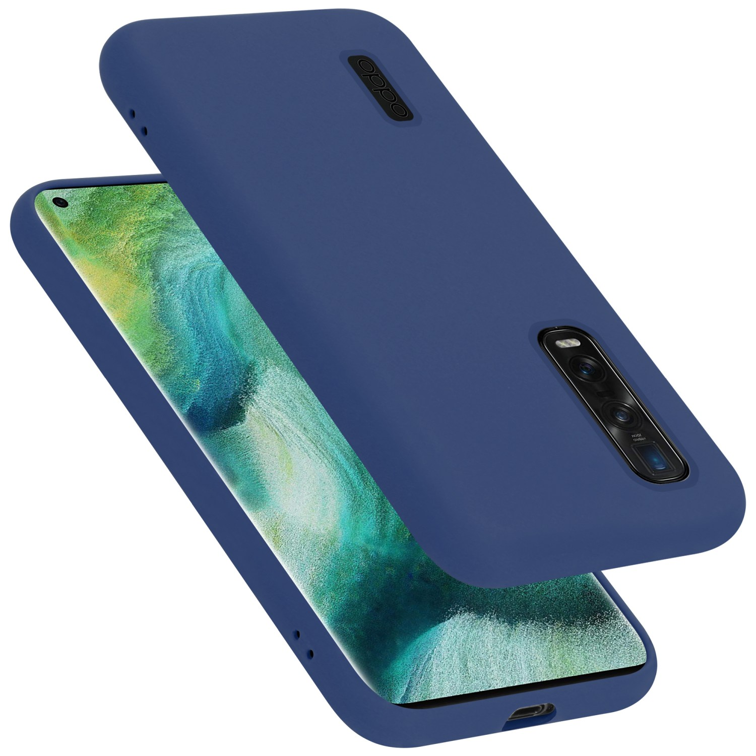 Blaue Handyhülle mit Telefon, zeigt die Kamera. Weißer Hintergrund.
