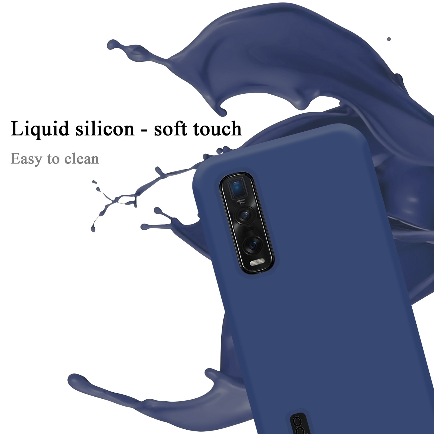 Blaues Telefon mit Mehrfachkamera, blauer Farbspritzer. Text: Flüssiges Silikon.