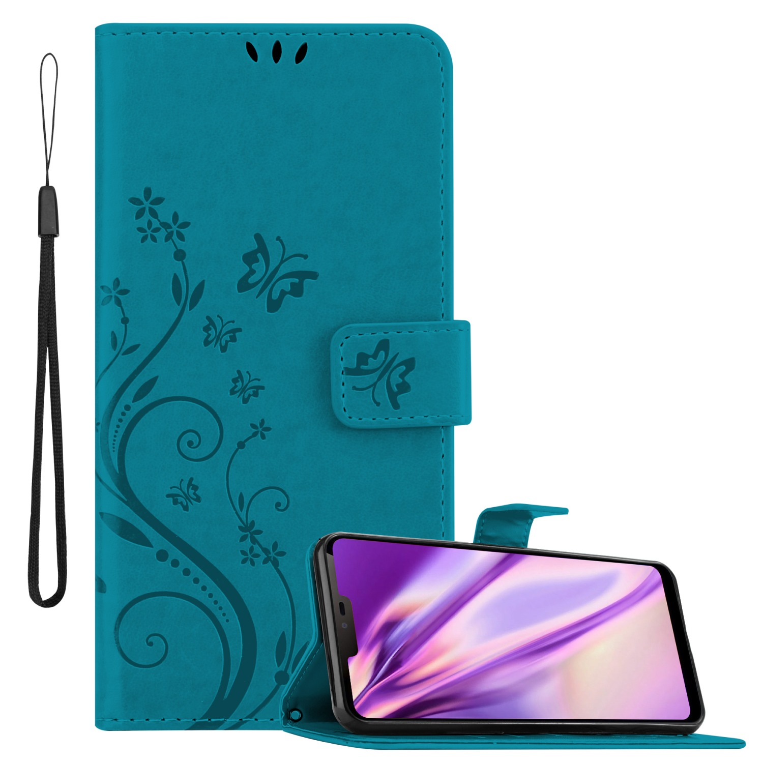Türkisfarbene Handyhülle mit Blumendesign und Riemen. Offen, zeigt den Bildschirm. Weißer Hintergrund.