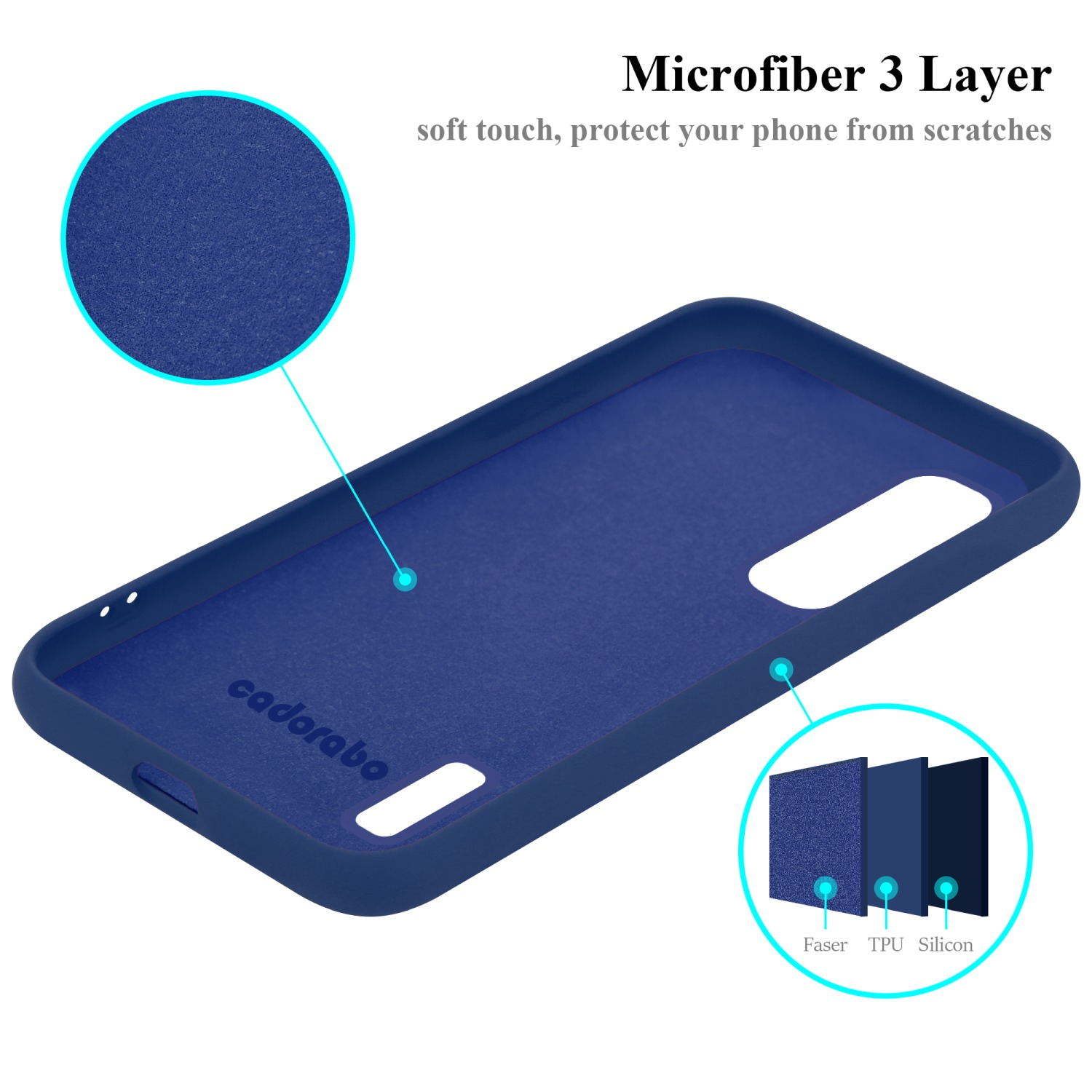 Eine blaue Handyhülle mit Materialschichten und dem Markennamen 'cadorabo'.
