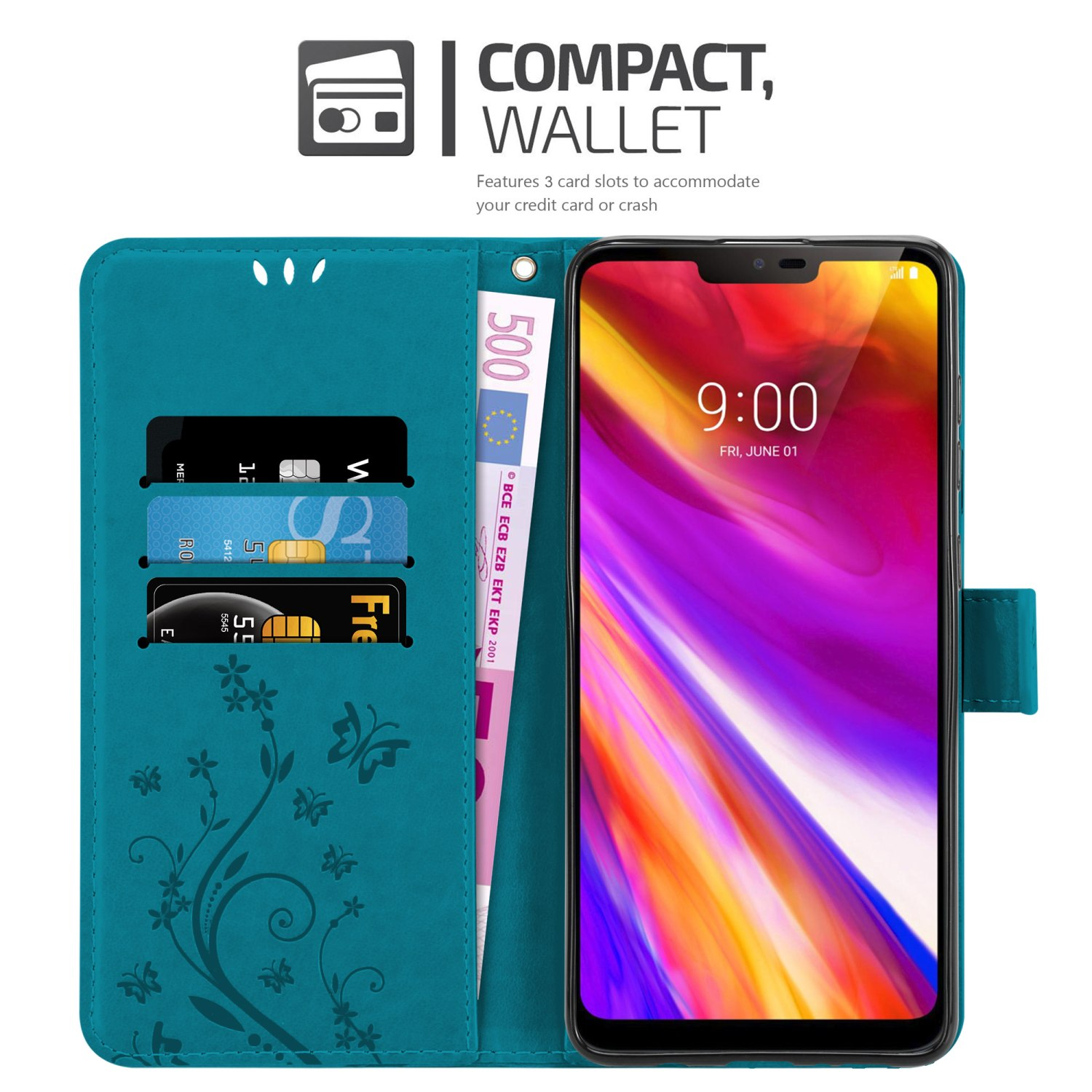 Türkisfarbene Geldbörsenhülle mit Telefon, Karten und Bargeld. Mit floralem Design. Telefon zeigt die Uhrzeit an.