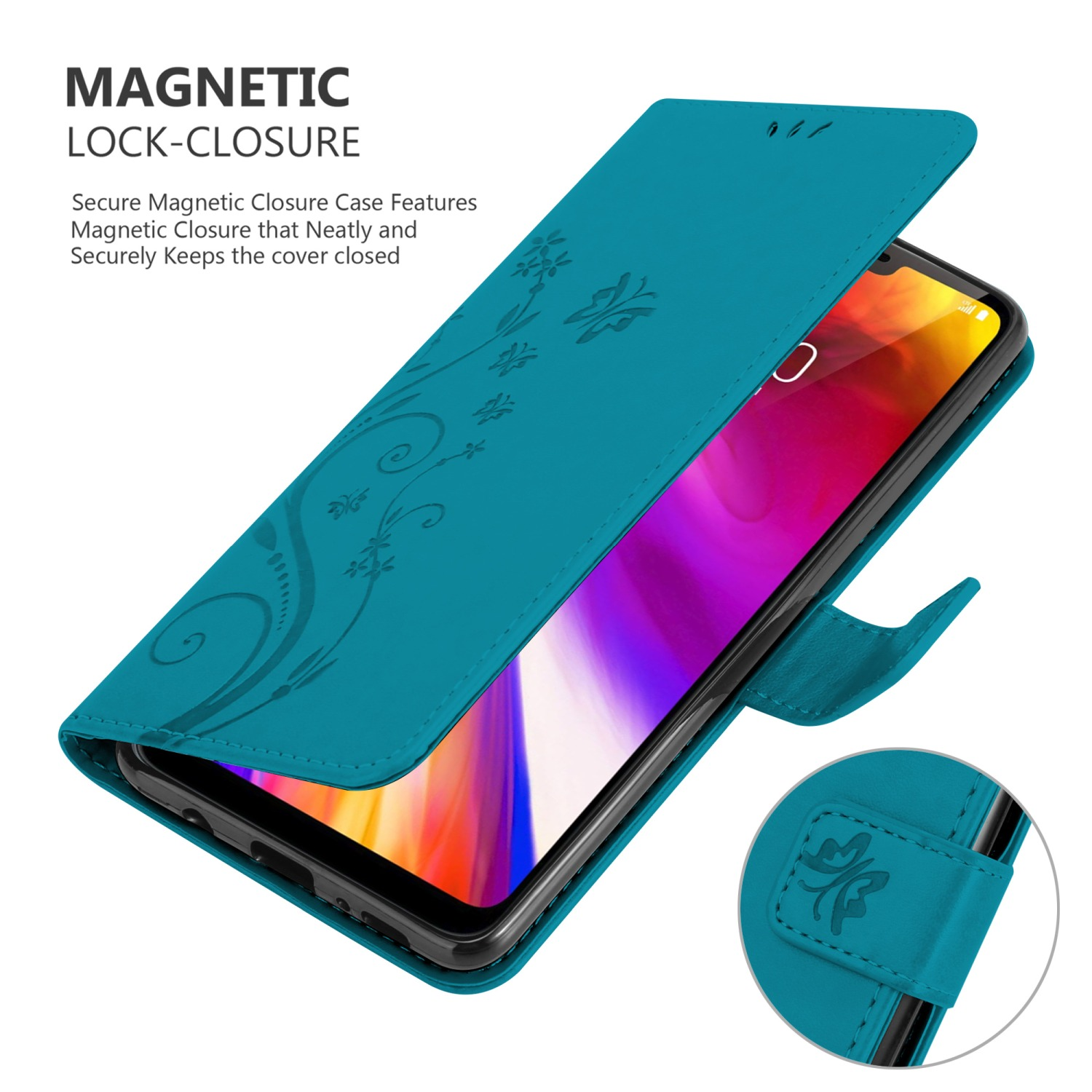 Türkisfarbene Handyhülle mit floralem Design, das Telefon ist innen, Details des Magnetverschlusses.