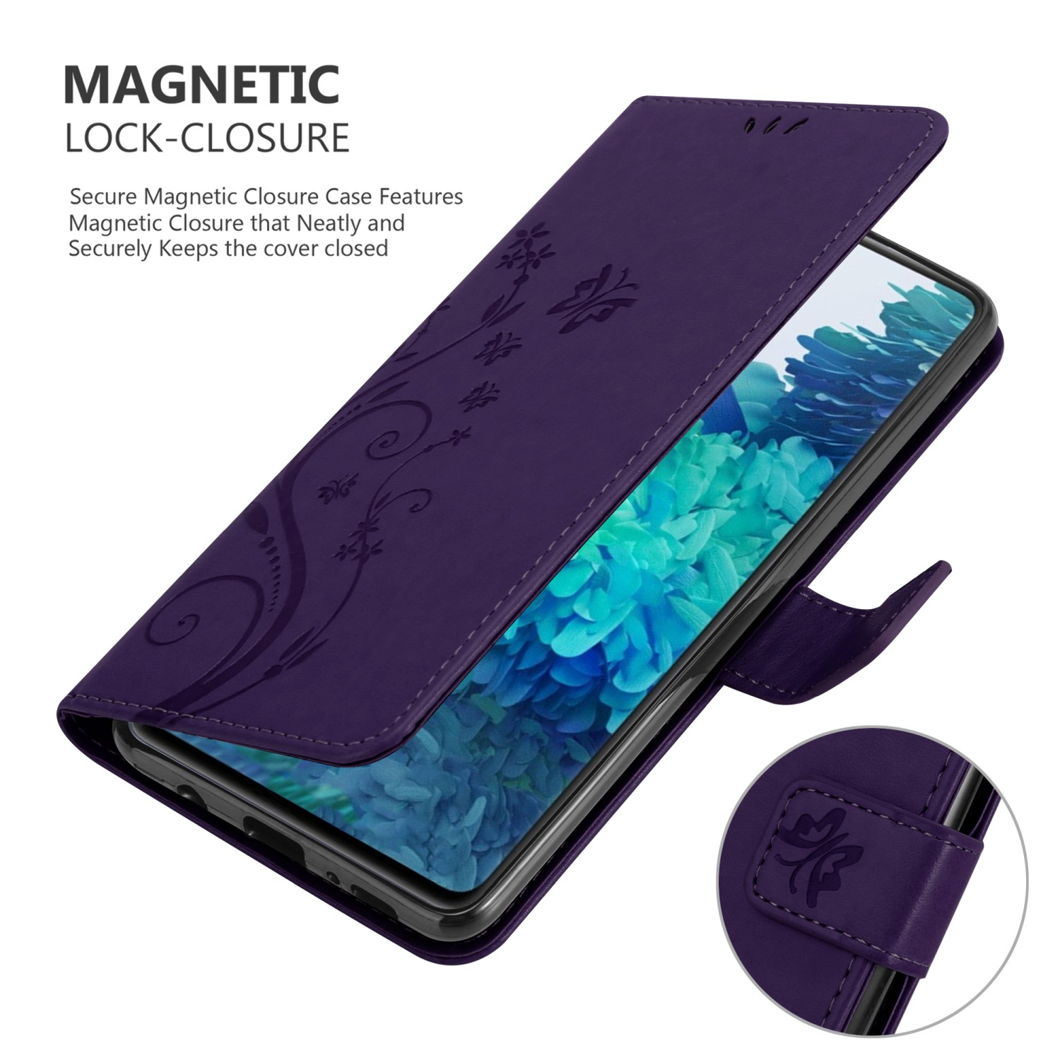 Lila Handyhülle geöffnet, Telefon sichtbar. Blumendesign auf dem Cover. Weißer Hintergrund. Geöffnet.