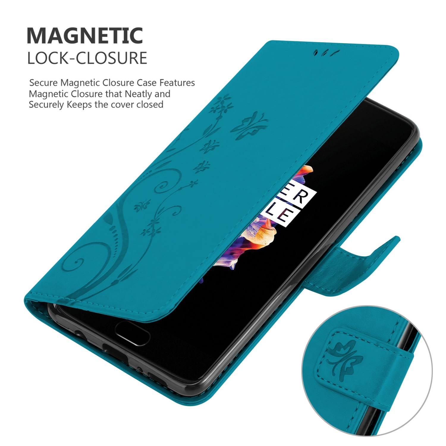 Custodia del telefono turchese con design floreale, aperta per rivelare il telefono. Chiusura magnetica.
