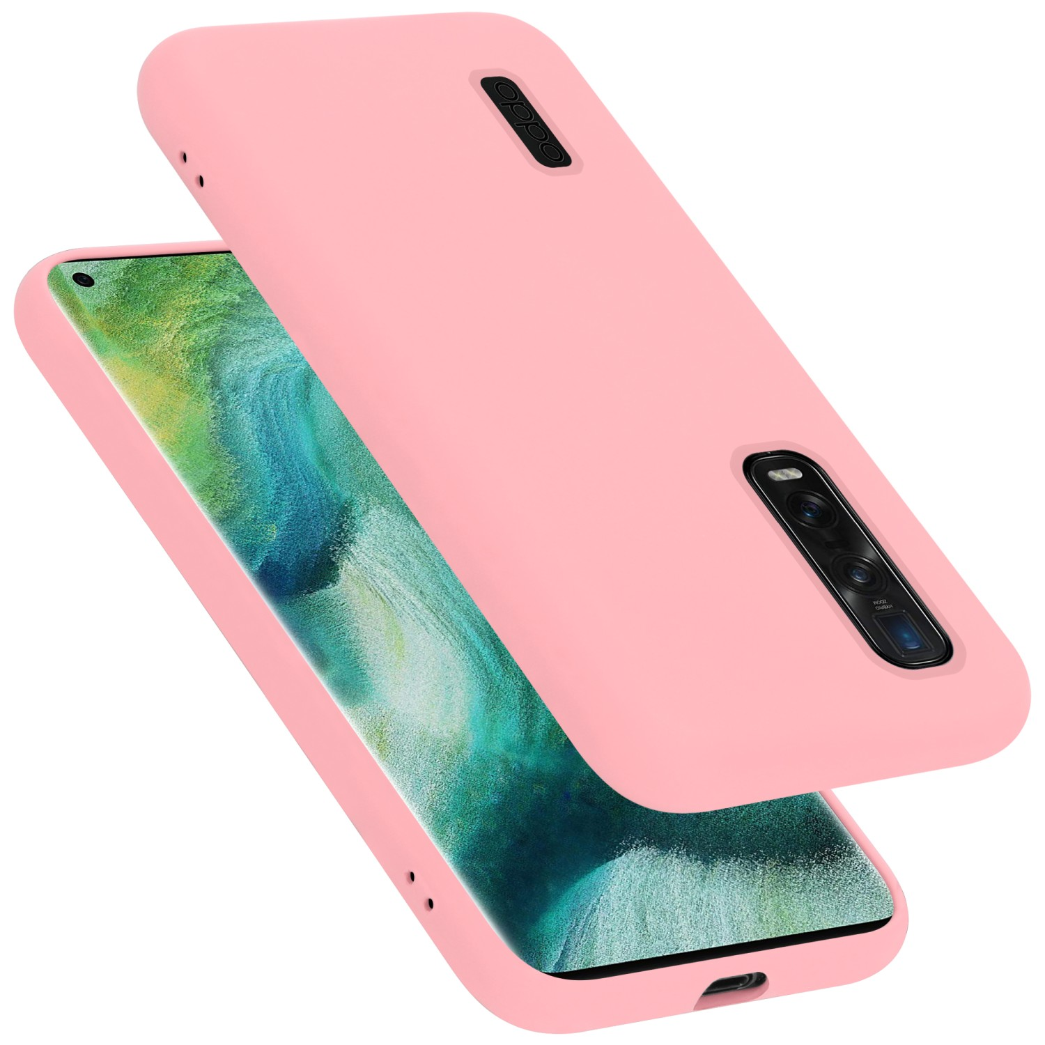 Rosa Handyhülle mit einem Telefon darin. Die Handyhülle bedeckt das Telefon. Weißer Hintergrund.