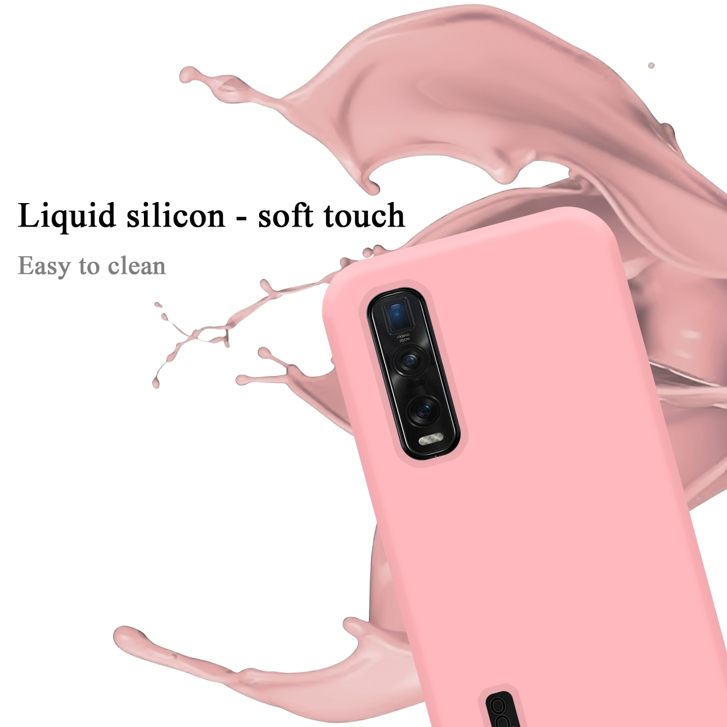 Rosa Telefon mit Spritzern, in der Luft, auf hellem Hintergrund.