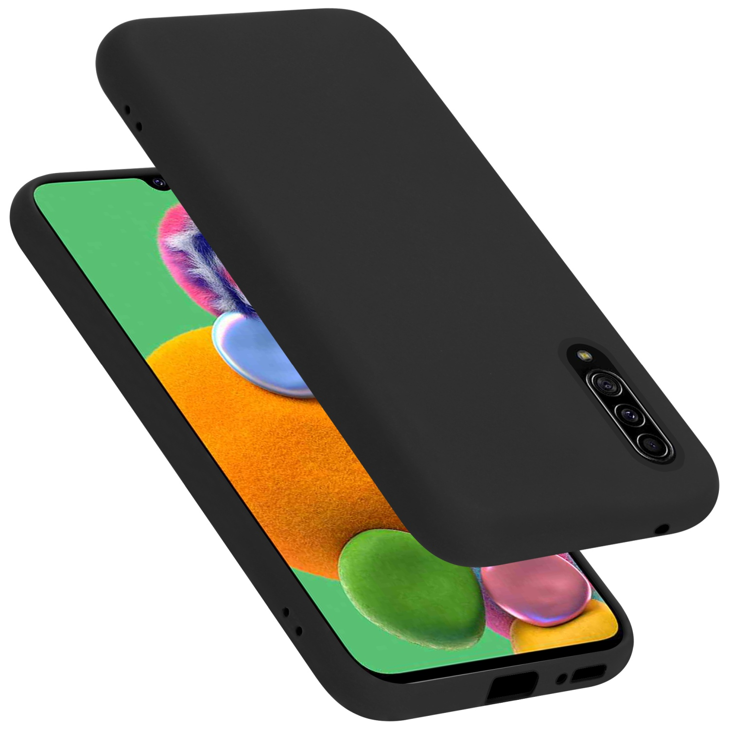Zwei schwarze Telefone, deren Rückseiten nach oben zeigen, liegen auf Weiß. Jedes Telefon hat eine Kamera.