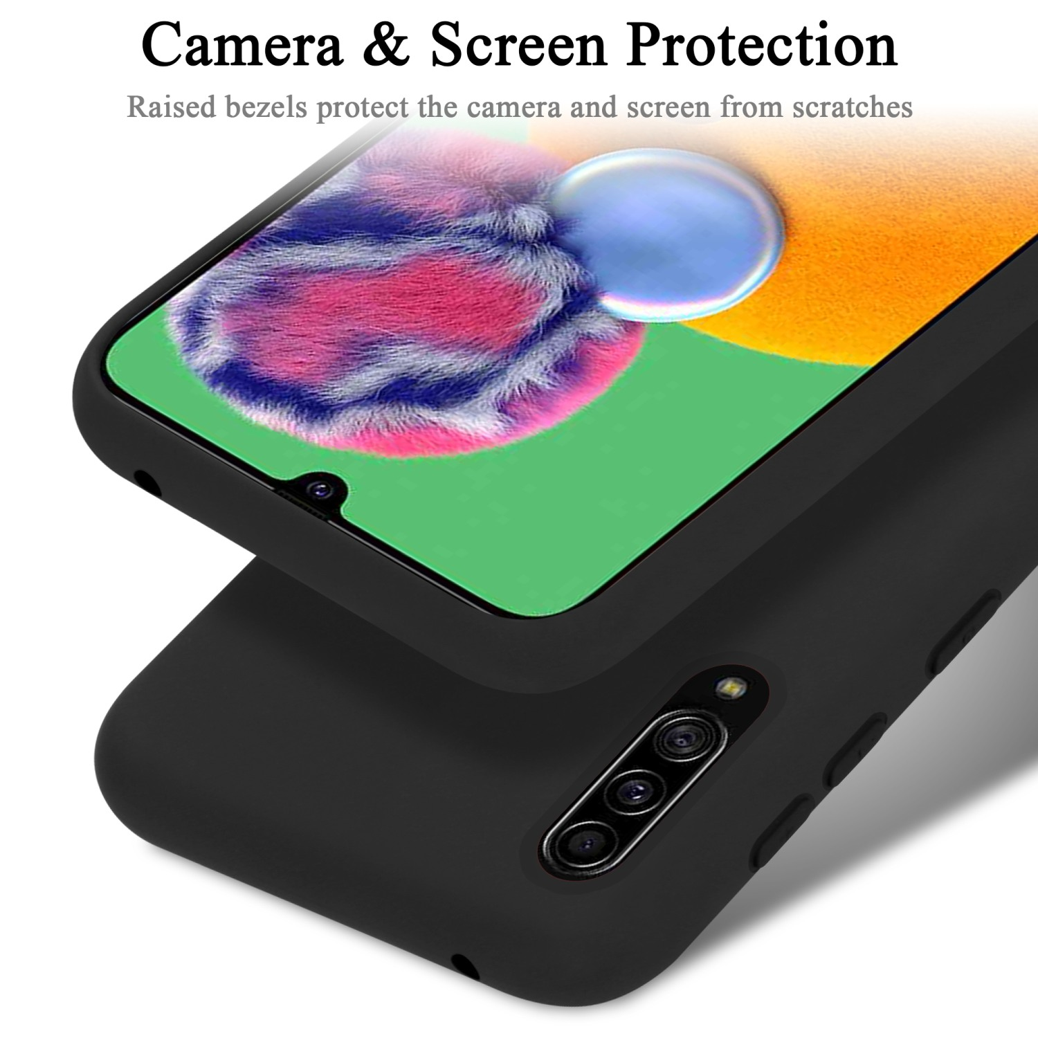 Schwarze Handyhülle mit Displayschutz und erhöhten Blenden. Telefon in der Hülle, Kamera sichtbar.