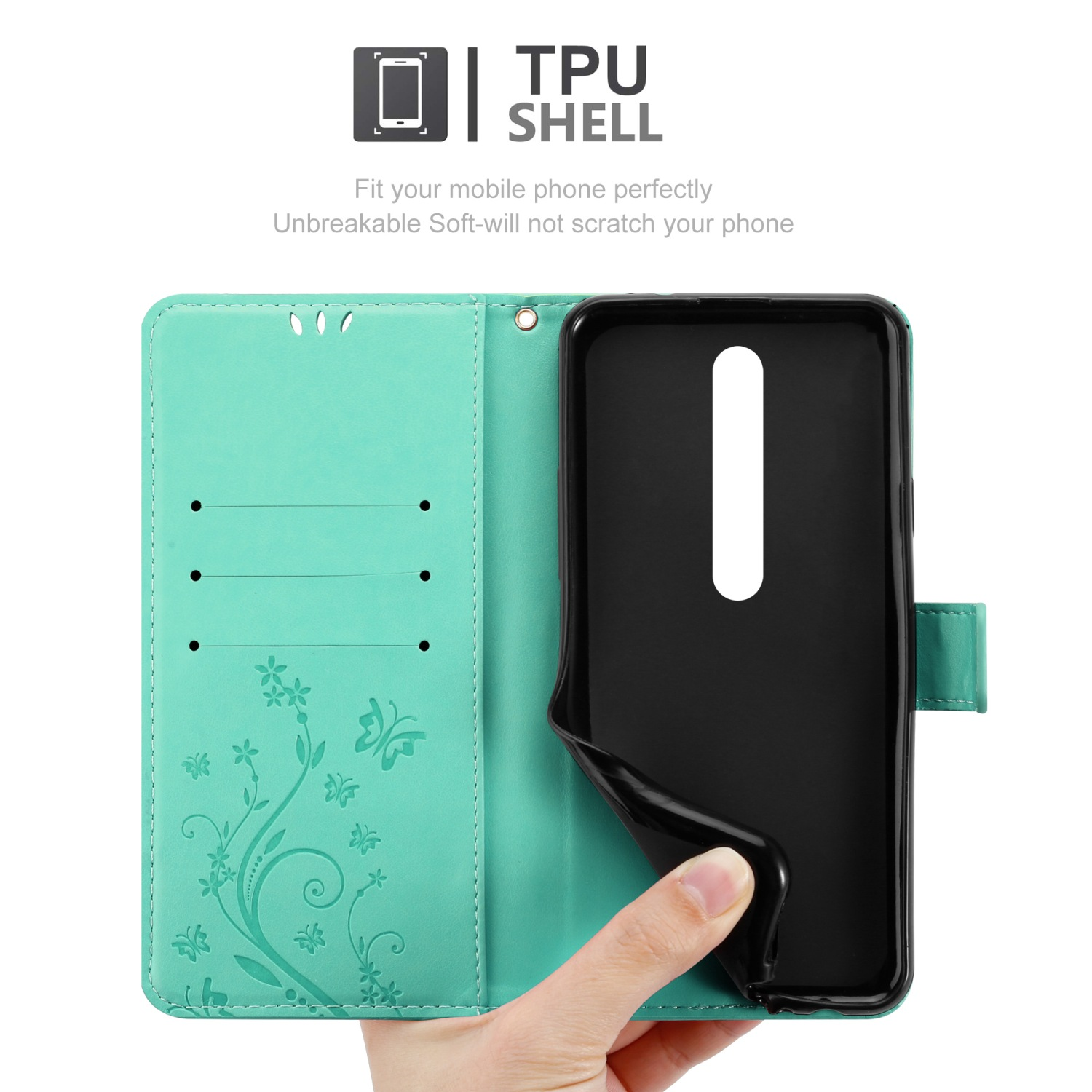 Una custodia per telefono color verde acqua con una mano che tiene un telefono. La custodia è aperta e l'interno è nero. Ci sono dei fiori.