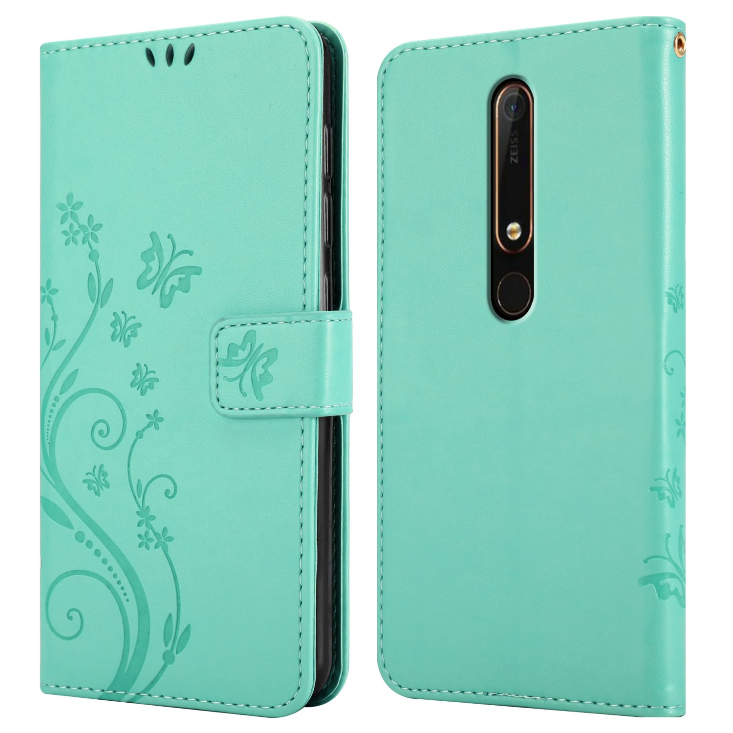Una custodia per telefono verde acqua chiaro con disegni di farfalle e fiori. È aperta, mostrando il telefono.