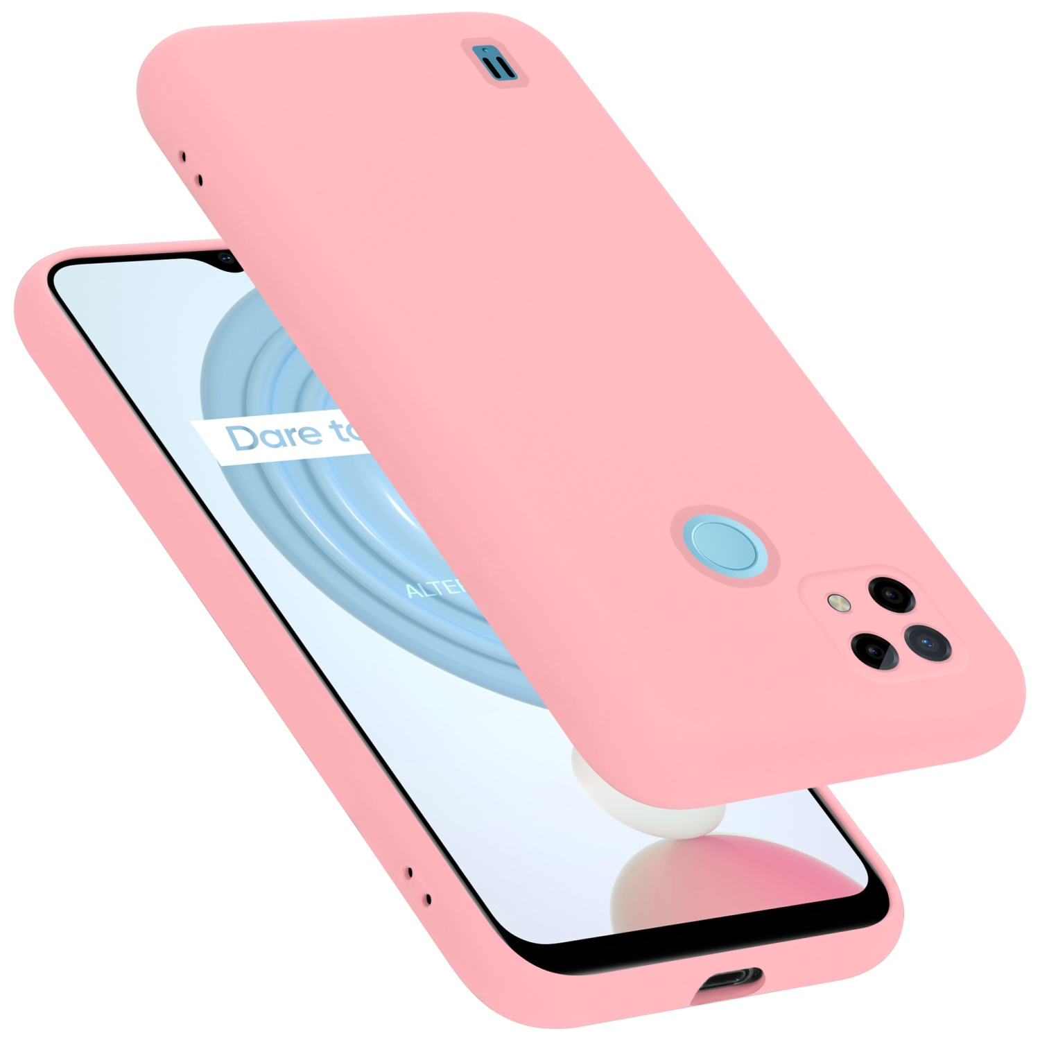 Rosa Handyhülle mit Telefon. Hülle hat Kameraausschnitte. Rosafarbener Deckel ist angehoben.