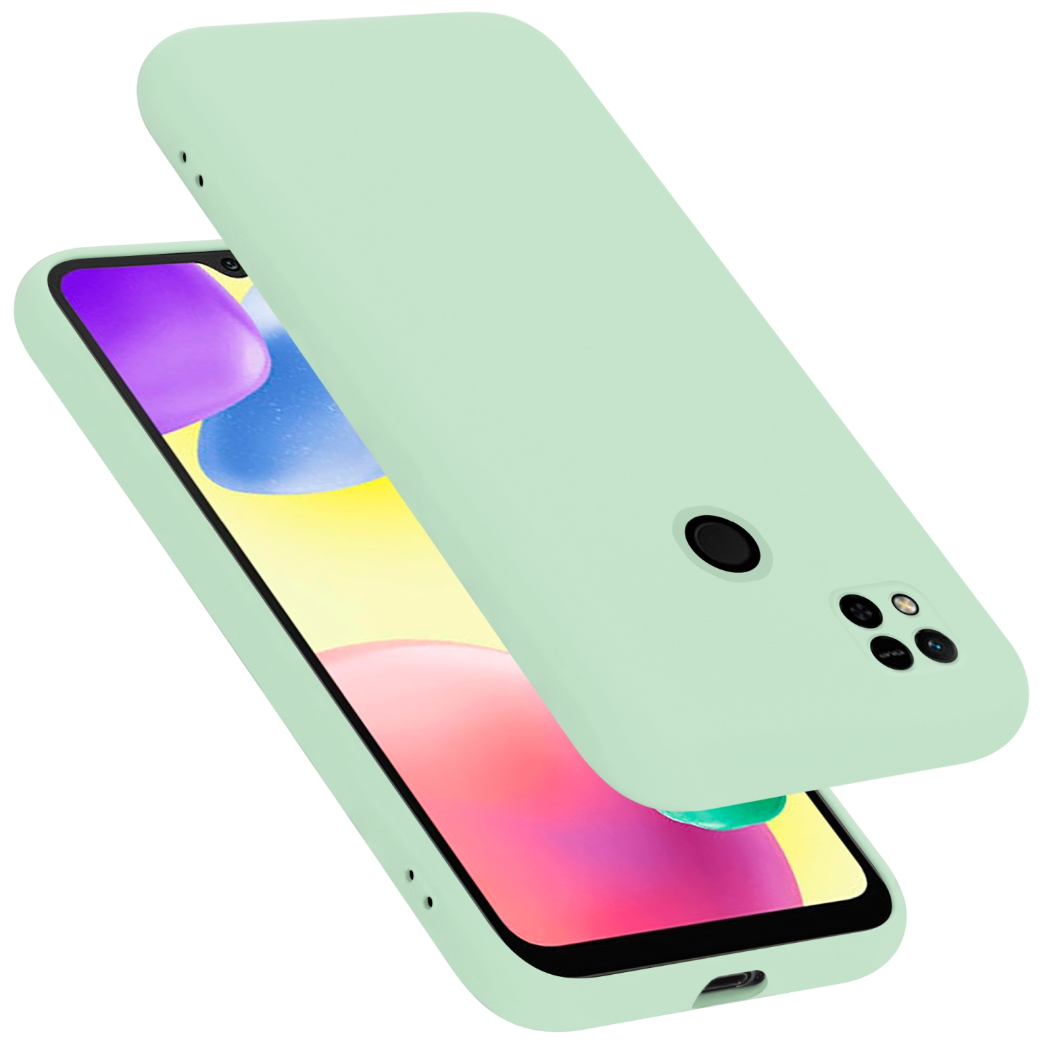Hellgrüne Handyhülle und Telefon. Telefon hat Kamera-Array. Hülle liegt über dem Telefon.