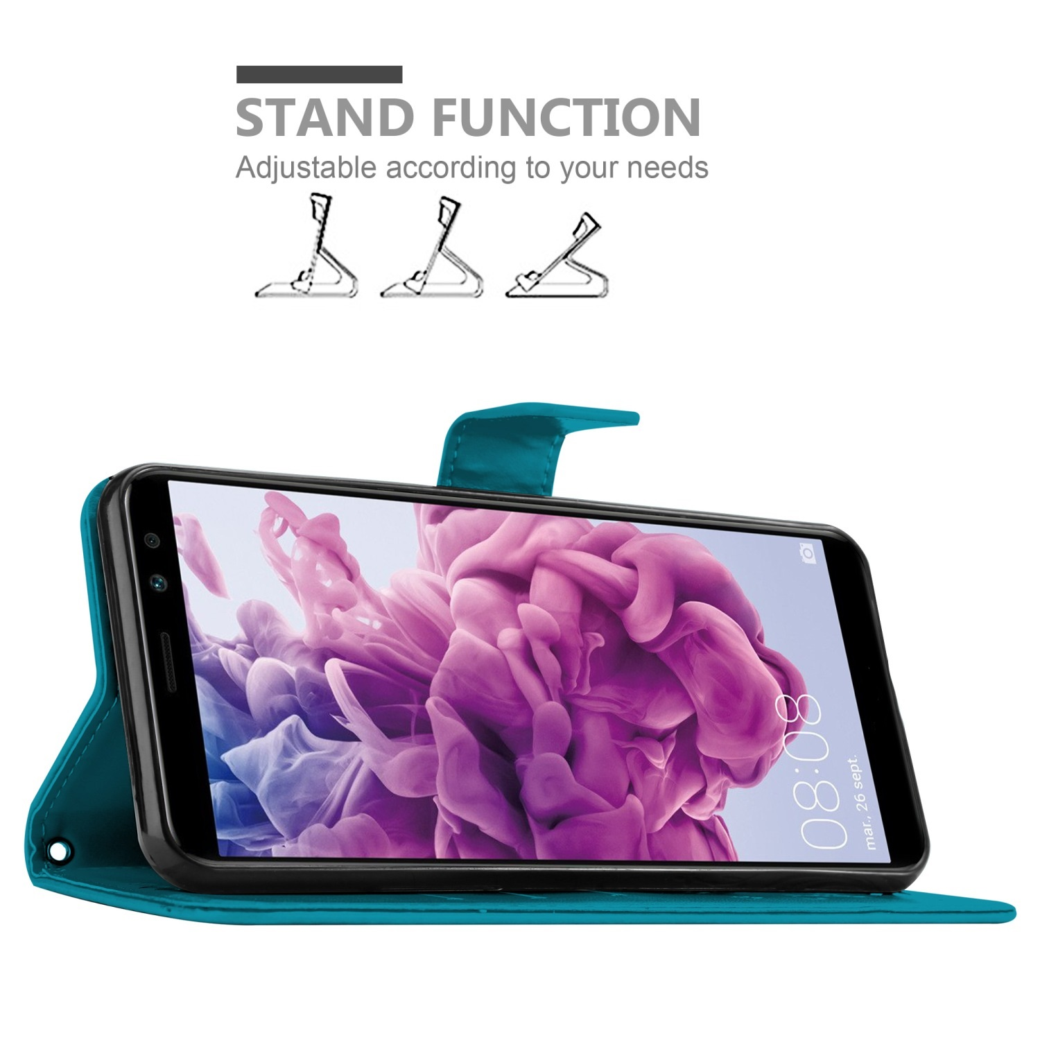 Coque de téléphone turquoise avec écran floral violet, fonction support.