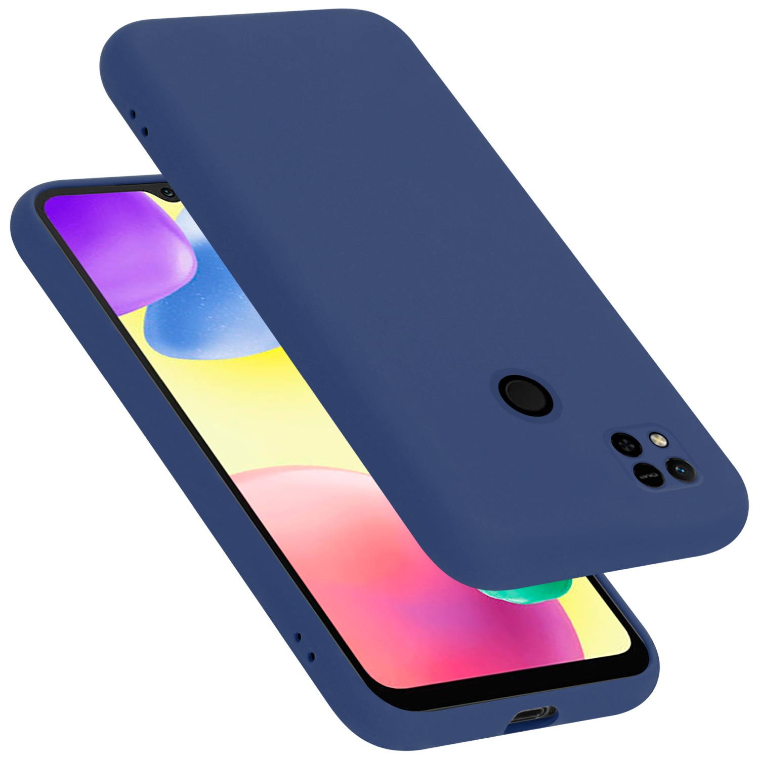 Blaue Handyhülle und Telefon. Telefon hat Kamera-Array. Hülle liegt über dem Telefon.