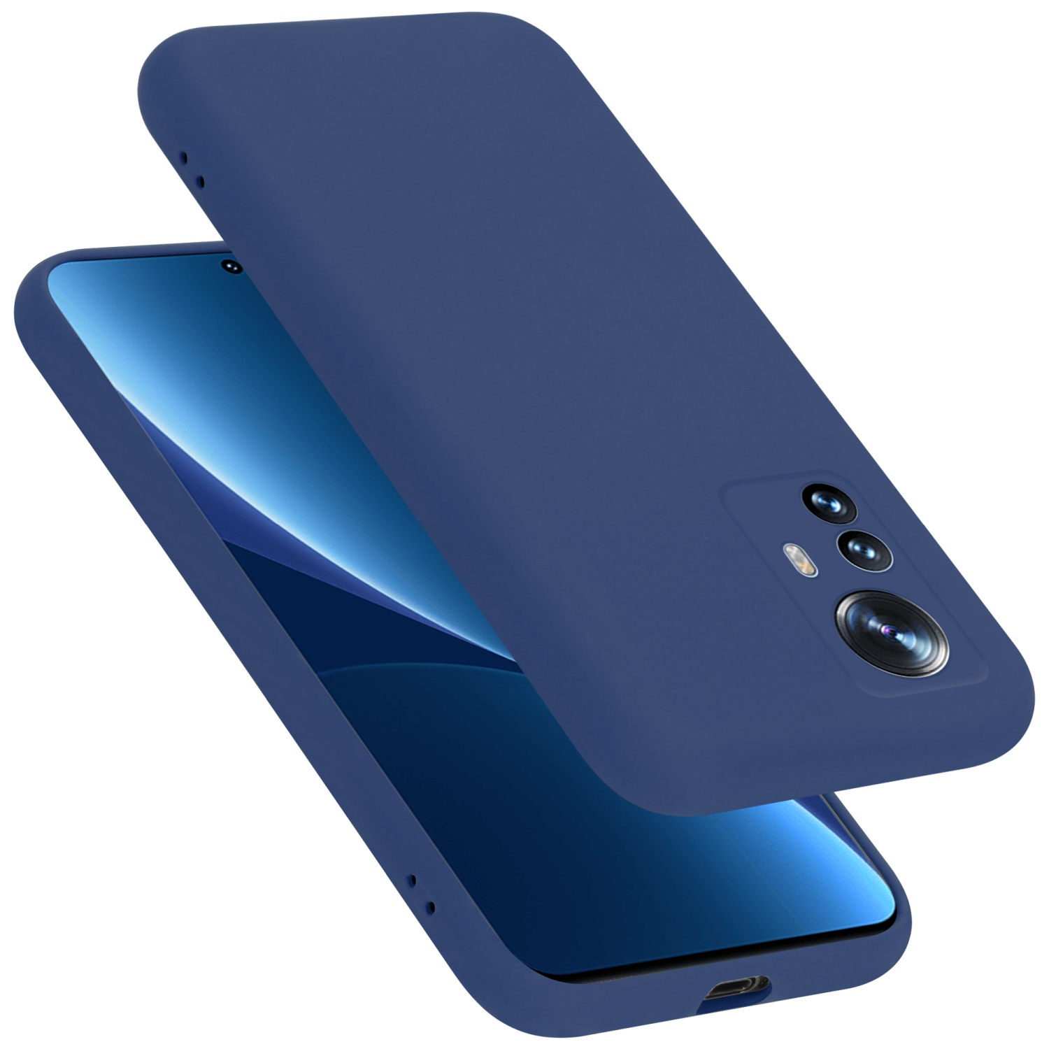 Eine blaue Handyhülle und ein Handy werden gezeigt, um Design und Schutz zu demonstrieren.