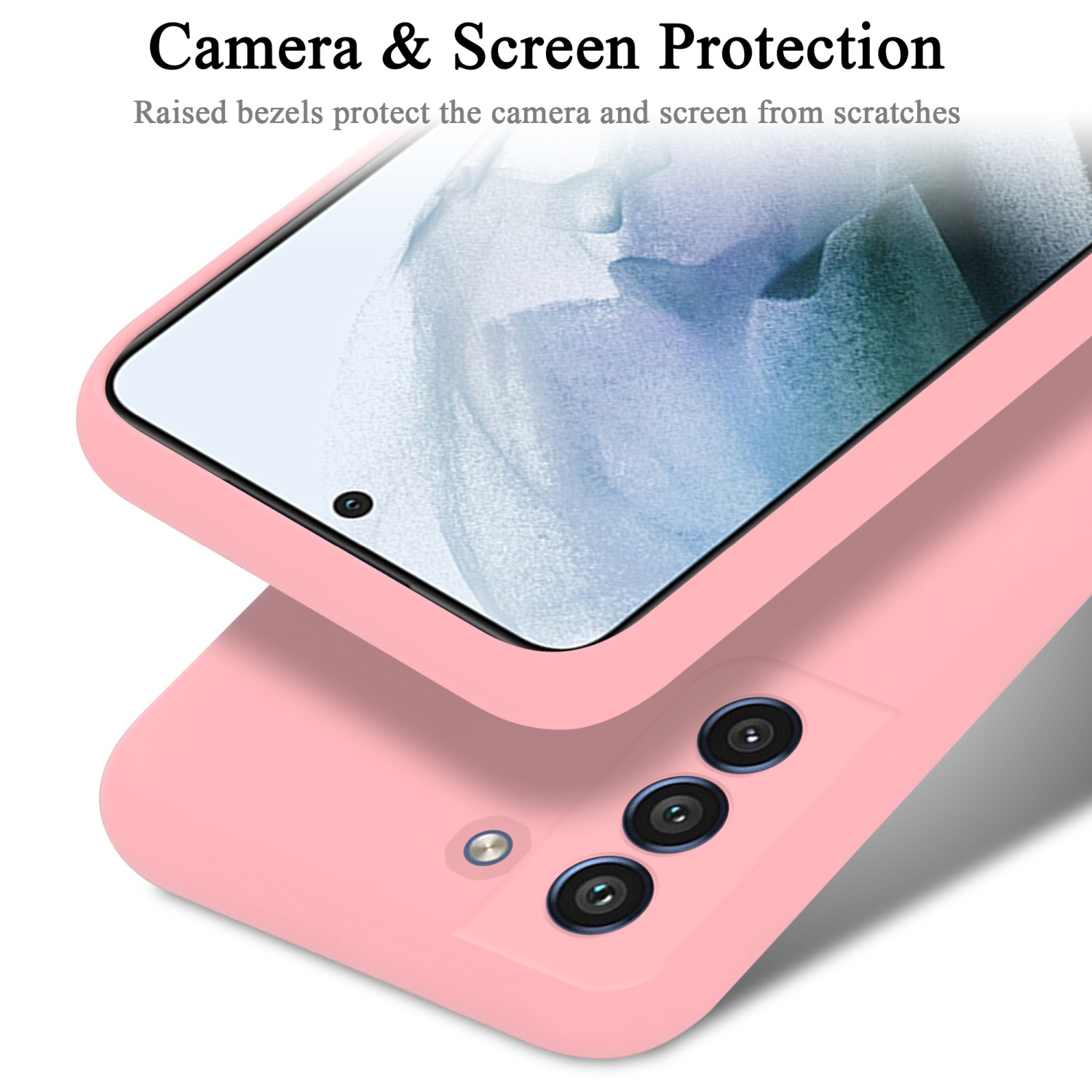 Eine pinke Handyhülle mit Telefon. Das Bild zeigt Kamera- und Bildschirmschutz.