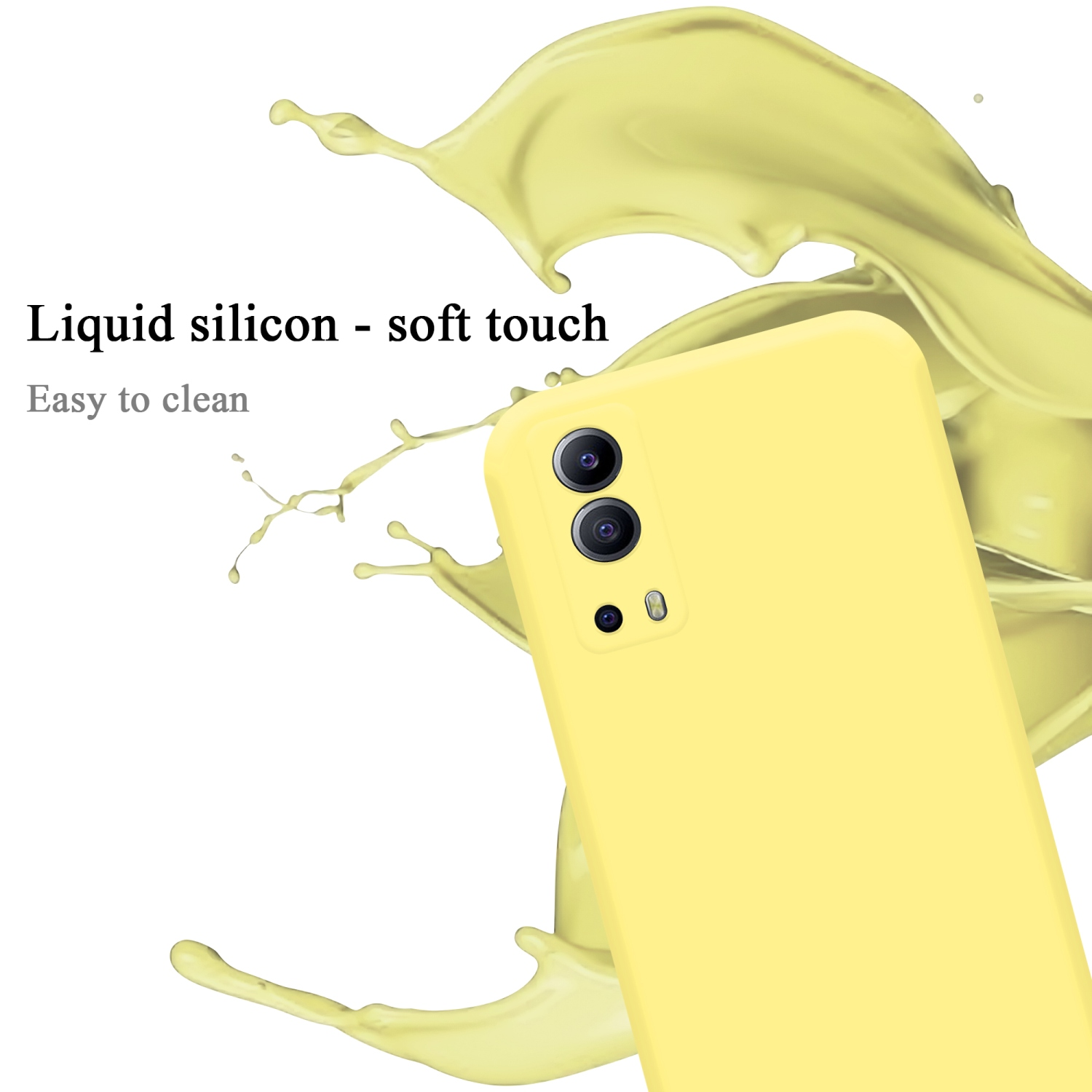 Gelbe Handyhülle mit Flüssigkeitsspritzer. Text: Flüssiges Silikon - weiche Haptik.