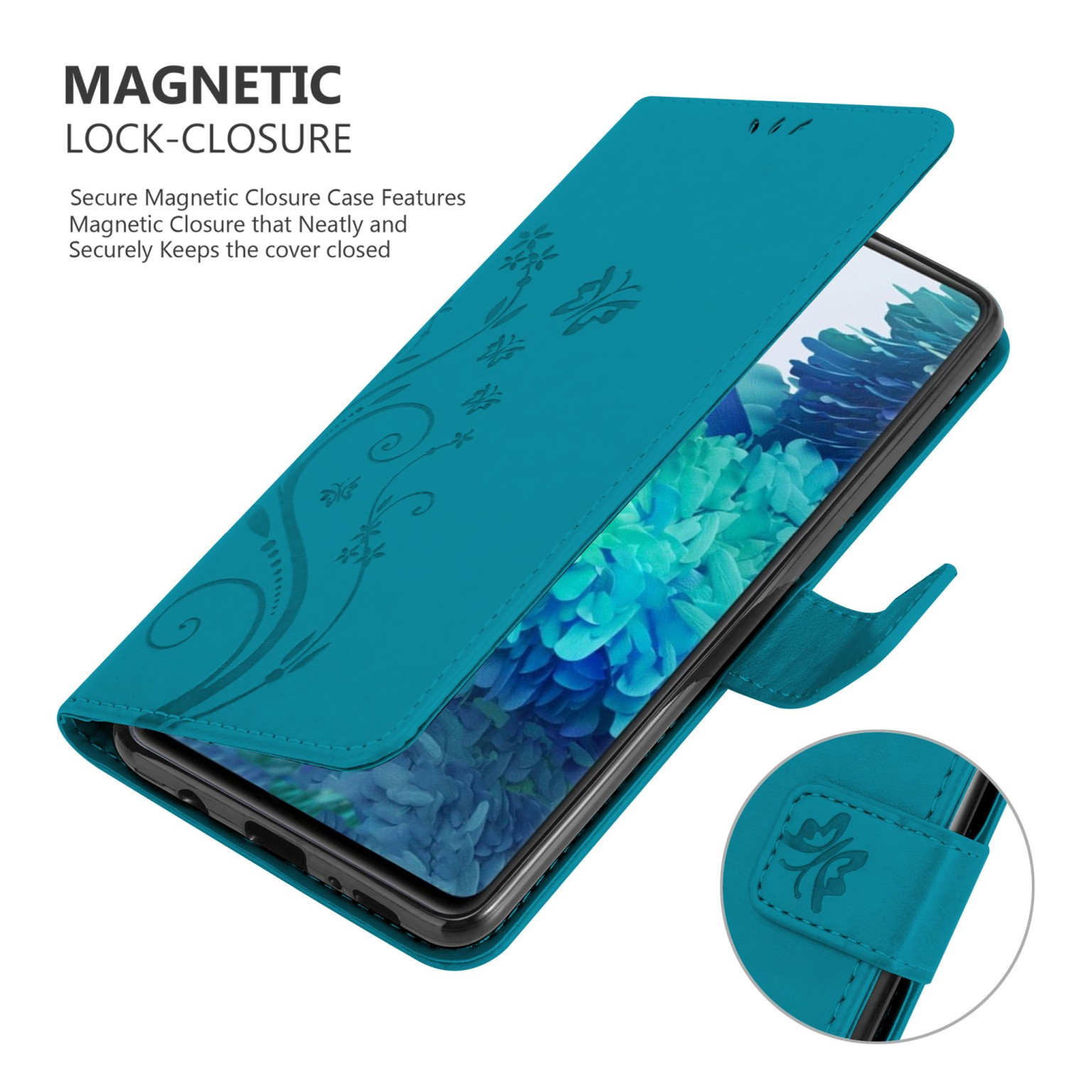 Türkisfarbene Handyhülle mit floralem Design, offen, Handy sichtbar. Magnetverschluss.