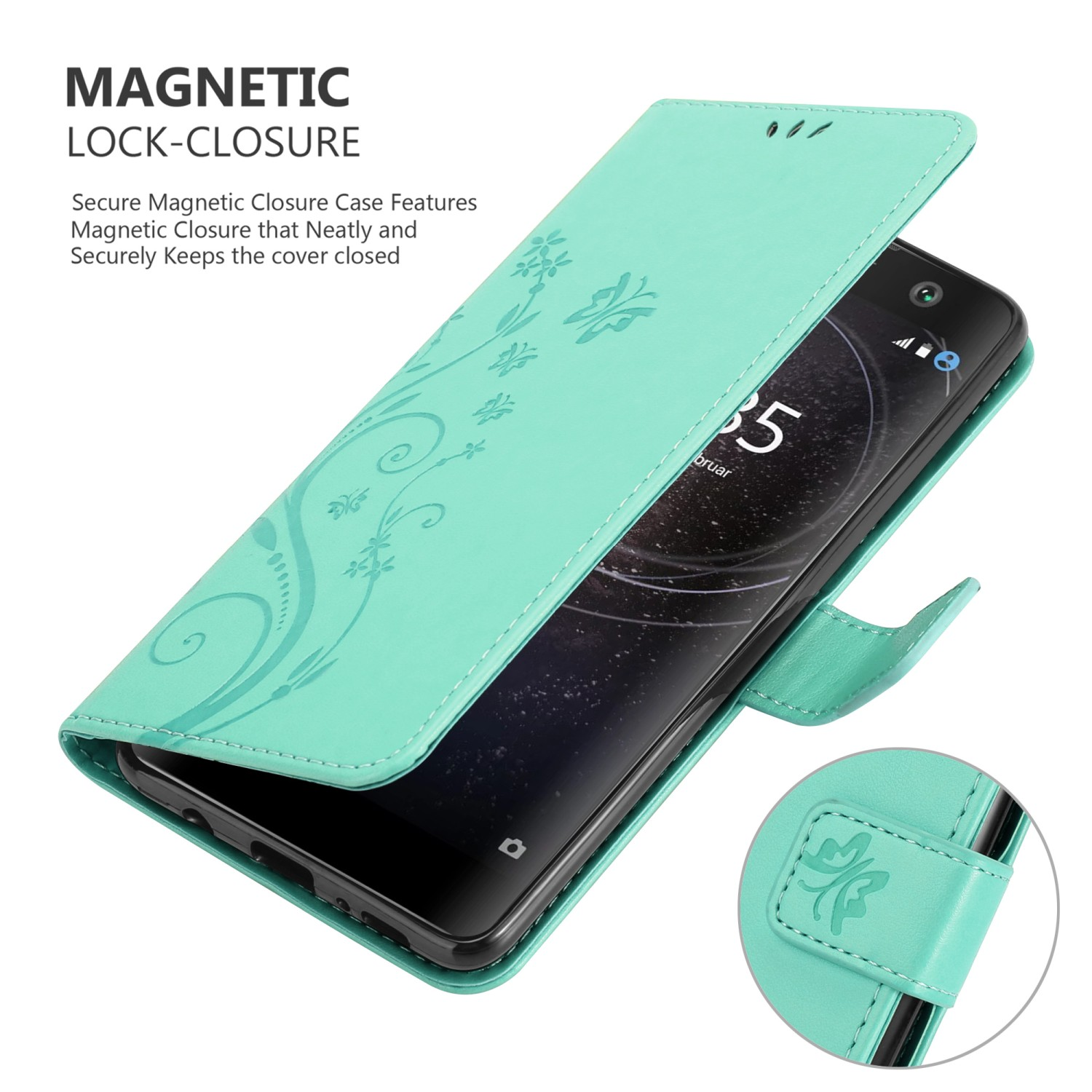 Custodia verde con motivo floreale, si apre per rivelare un telefono. Chiusura magnetica.