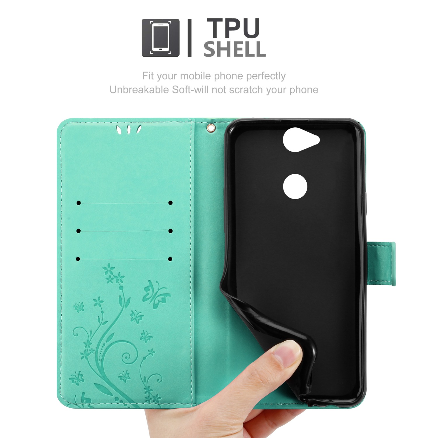 Custodia turchese aperta, interno nero, mano che tiene il telefono. Testo: TPU SHELL.
