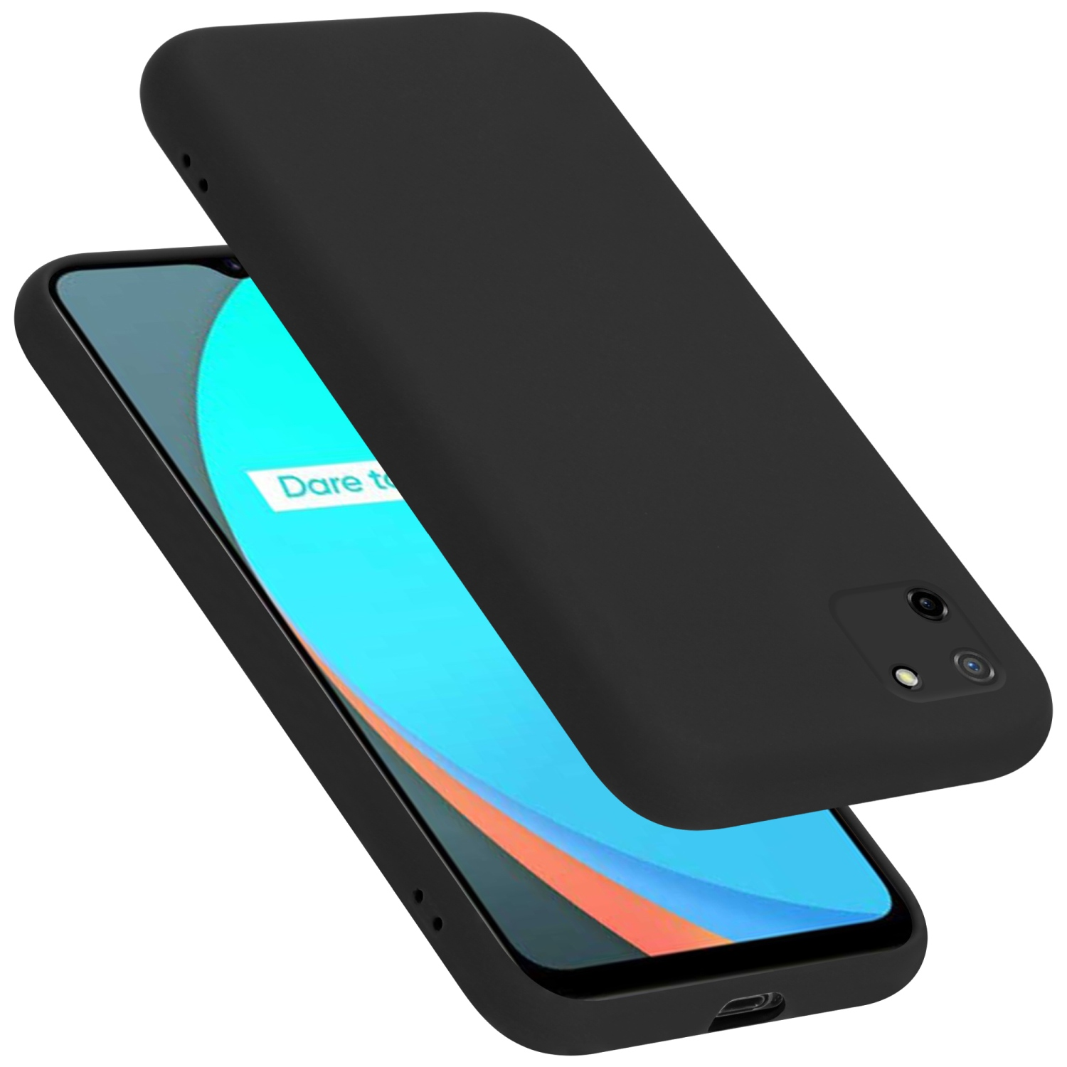 Schwarze Handyhülle offen. Zeigt ein Telefon mit blauem Bildschirm und dem Text „Dare to“.