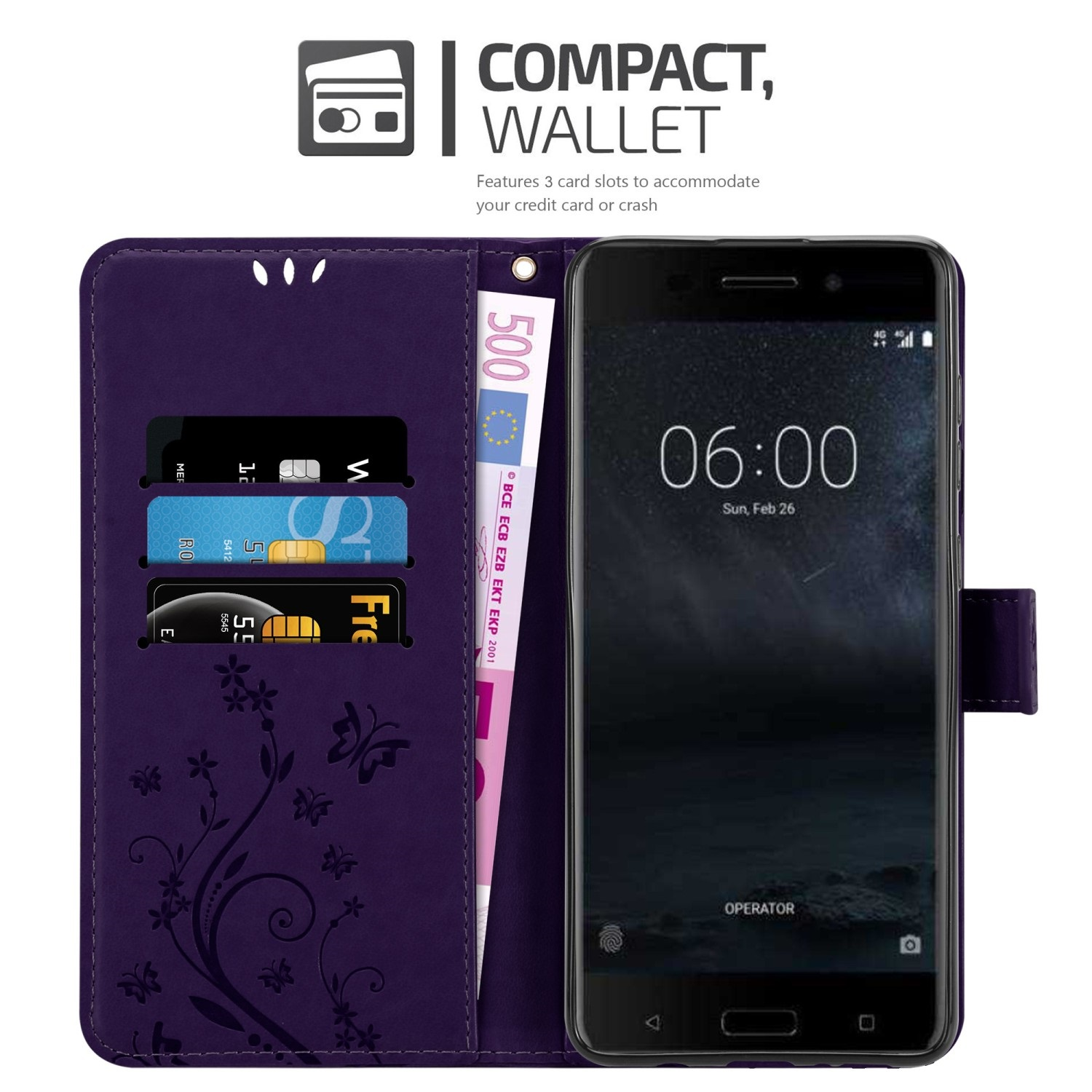 Una custodia per telefono viola con telefono, carte e denaro. Il telefono mostra l'ora.