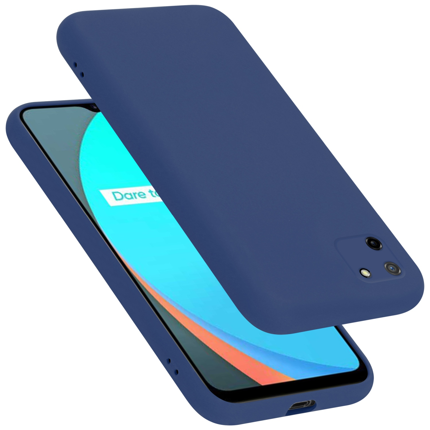 Eine blaue Handyhülle bedeckt ein Telefon, mit einem passenden blauen Telefon darin. Die Handyhülle ist leicht geöffnet.