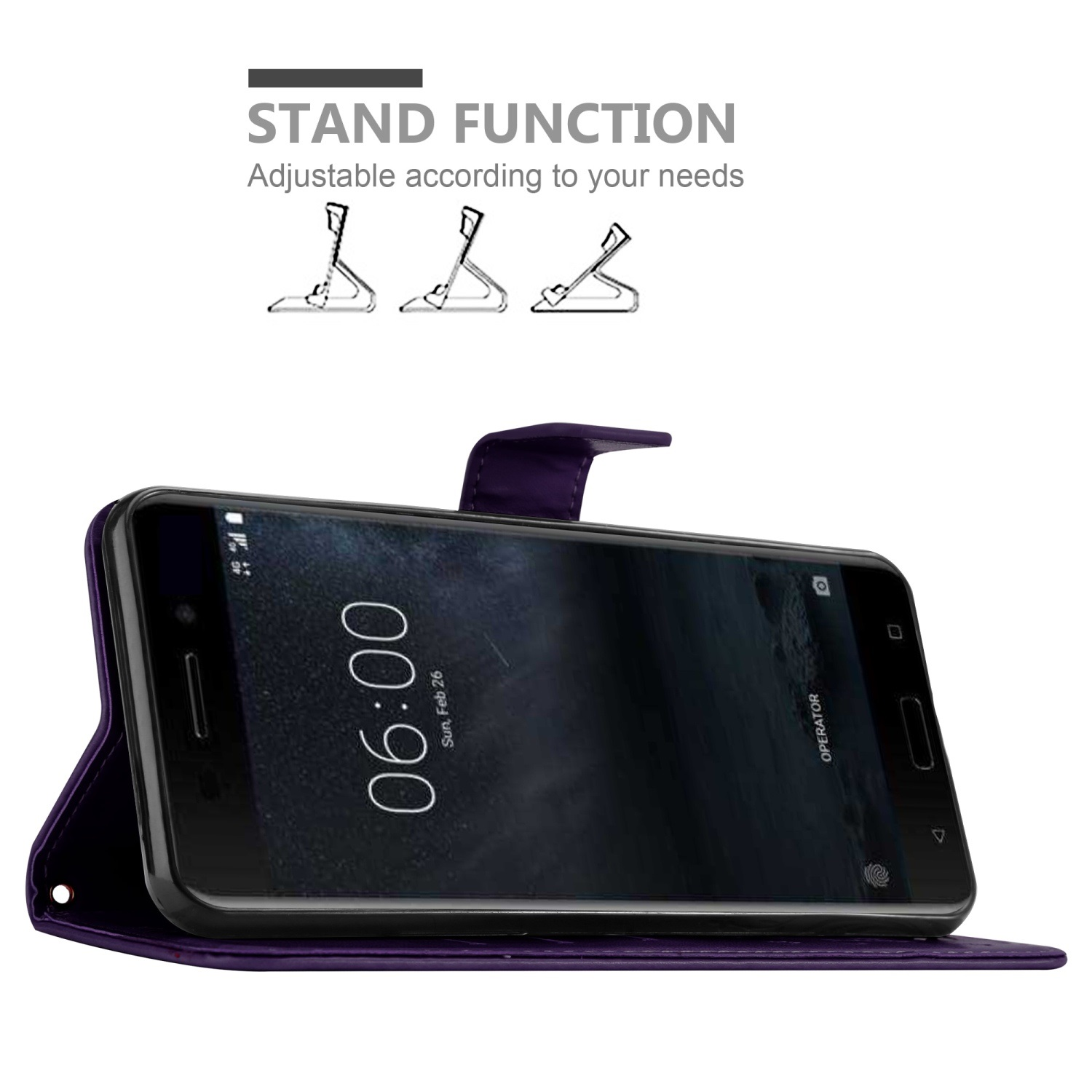 Custodia per telefono viola con telefono che mostra le 06:00, funzione stand e dettagli dell'operatore.