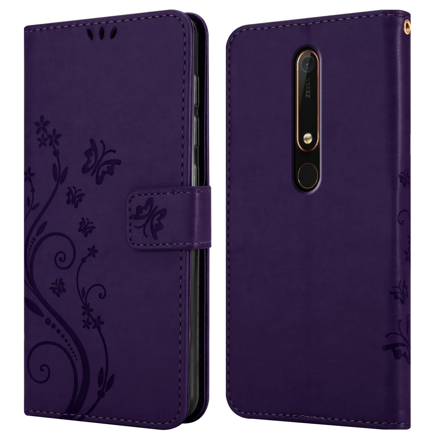 Custodia per telefono viola aperta. Decorata con fiori e farfalle. Telefono a destra.