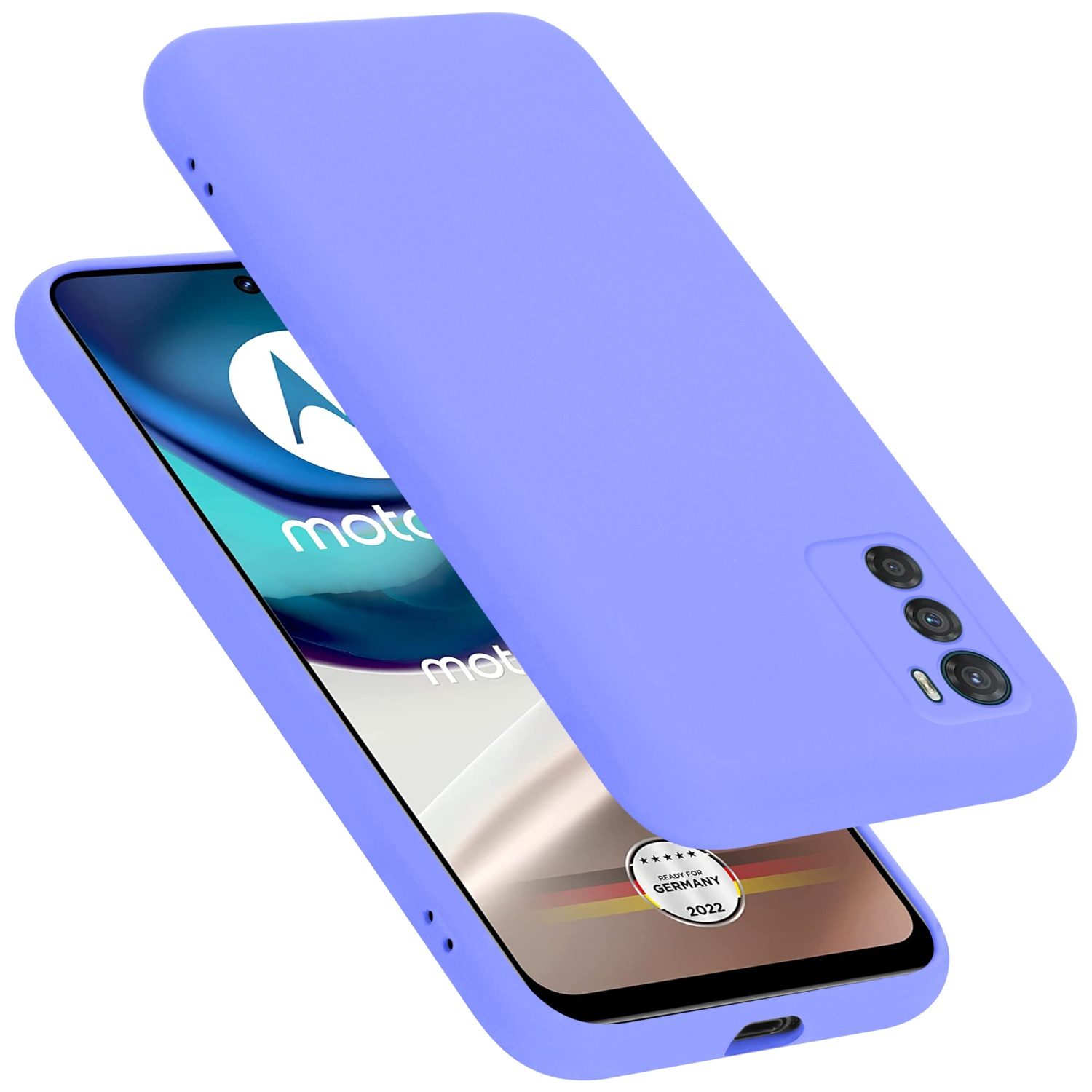 Lila Handyhülle mit Telefon, auf weißem Hintergrund.