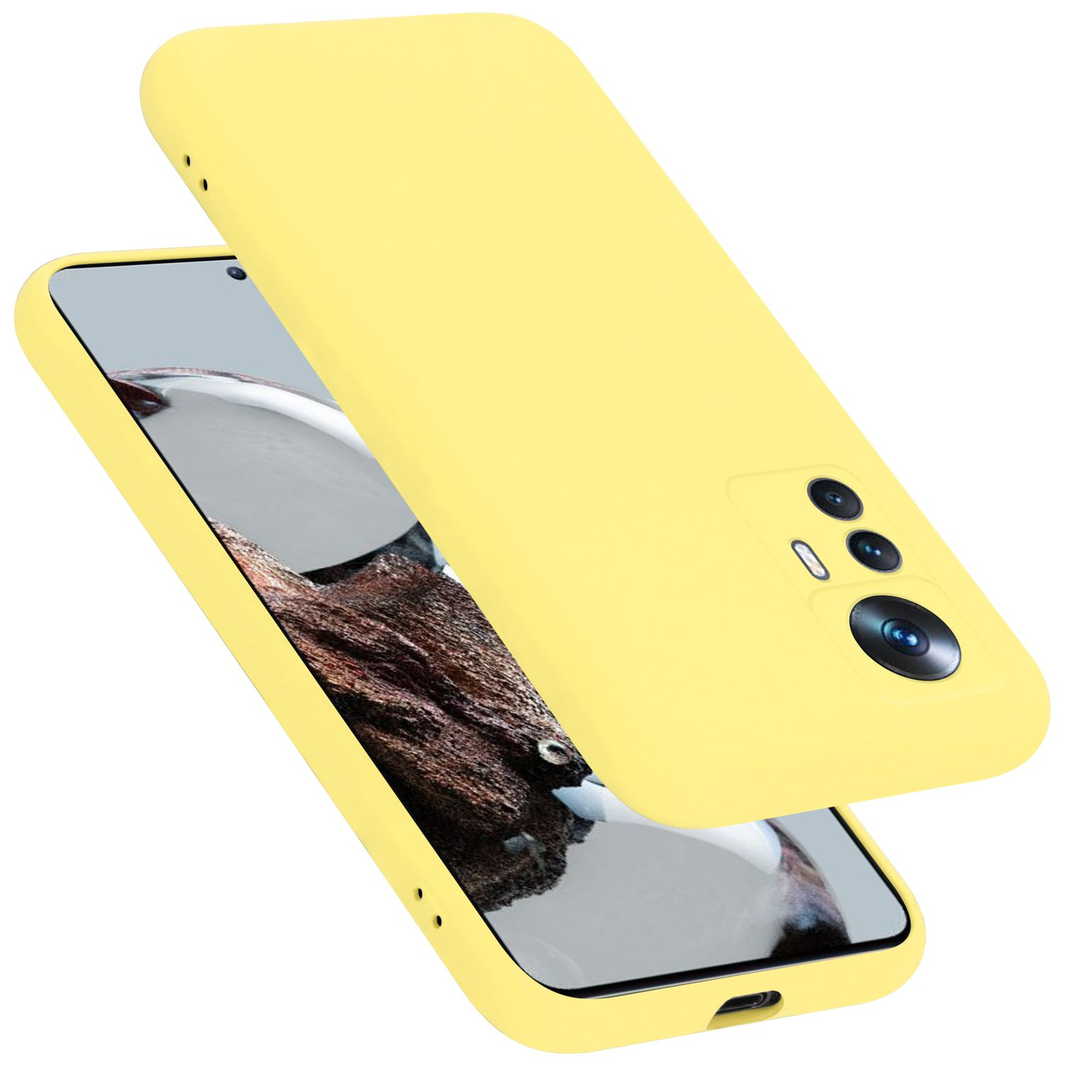 Gelbe Handyhülle offen. Das Telefon darin ist sichtbar. Das Telefon hat Kameras.