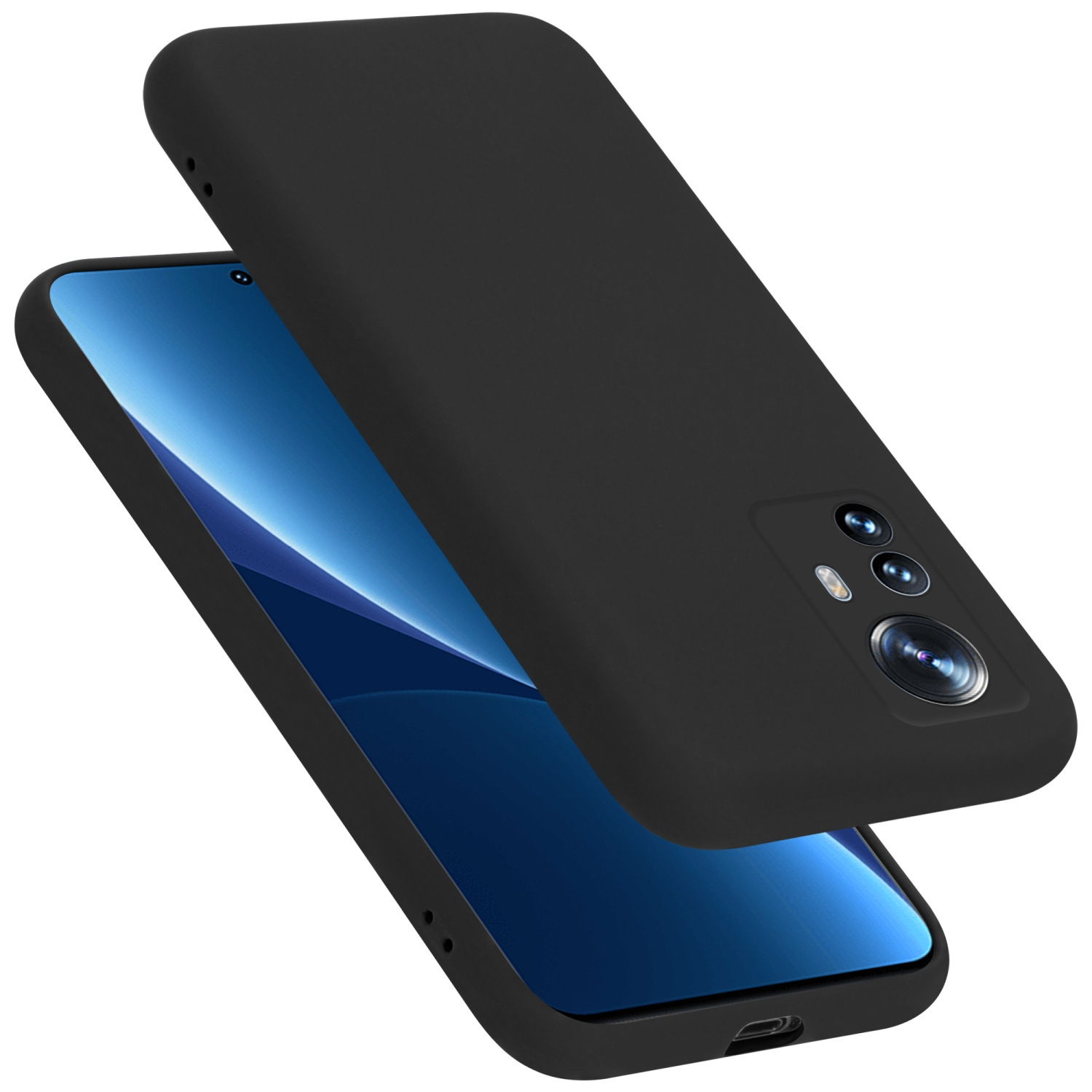 Schwarze Handyhülle mit schwarzem Telefon. Die Handyhülle ist geöffnet.