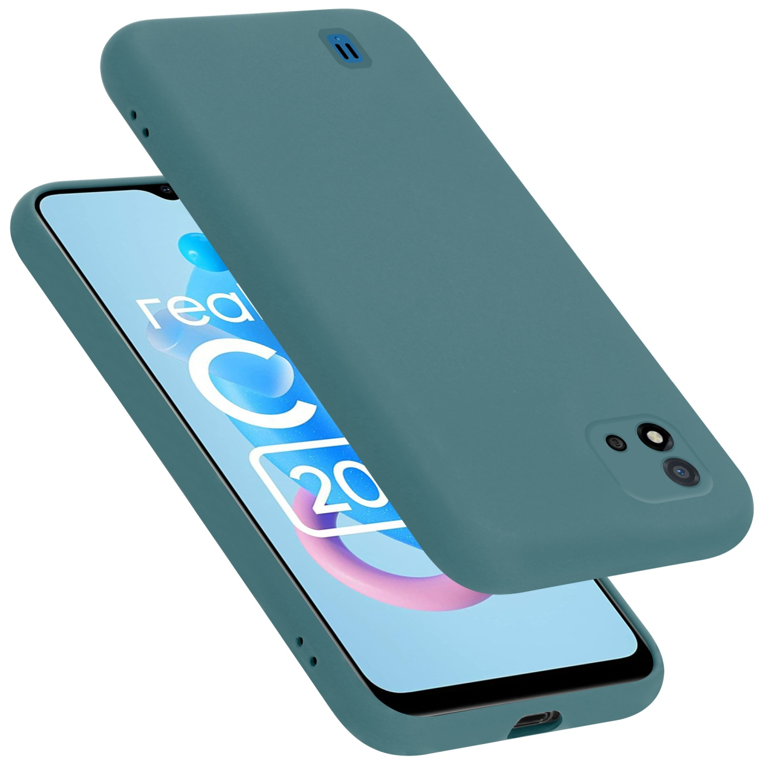 Türkisfarbene Telefonhülle, zweiteilig, eine bedeckt das Telefon.