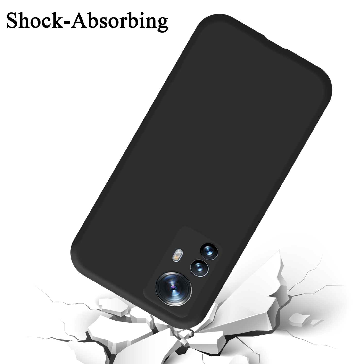 Eine schwarze Handyhülle fällt mit einem Telefon darin. Die Hülle und das Telefon sind schwarz.