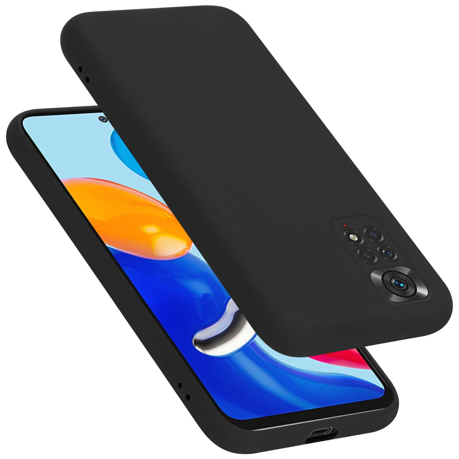 Schwarze Handyhülle mit Handy innen. Die Hülle ist geöffnet. Das Handy hat einen bunten Bildschirm.