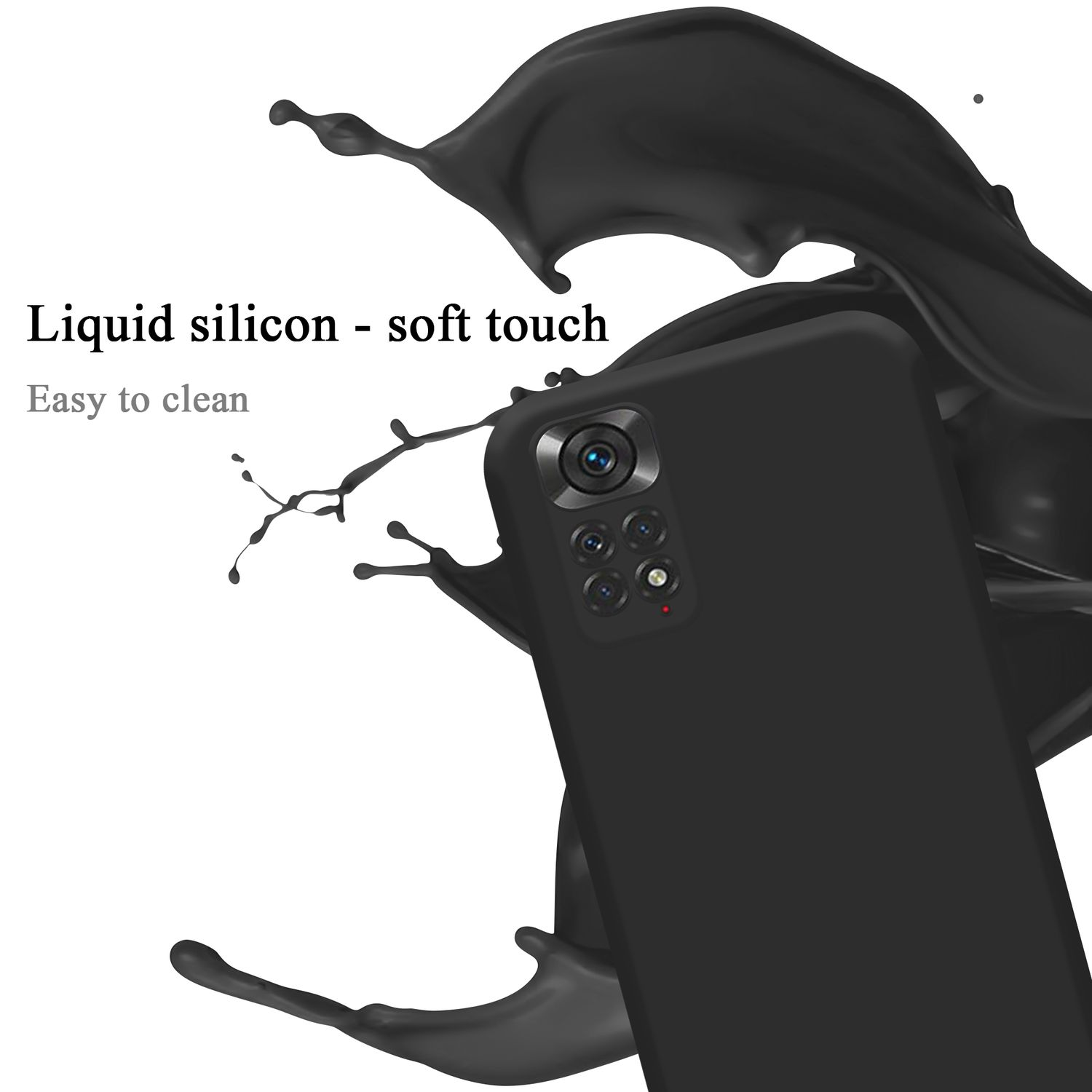 Schwarze Handyhülle mit einem Spritzer schwarzer Flüssigkeit. Text: 'Flüssiges Silikon - weiche Haptik' und 'Leicht zu reinigen'.