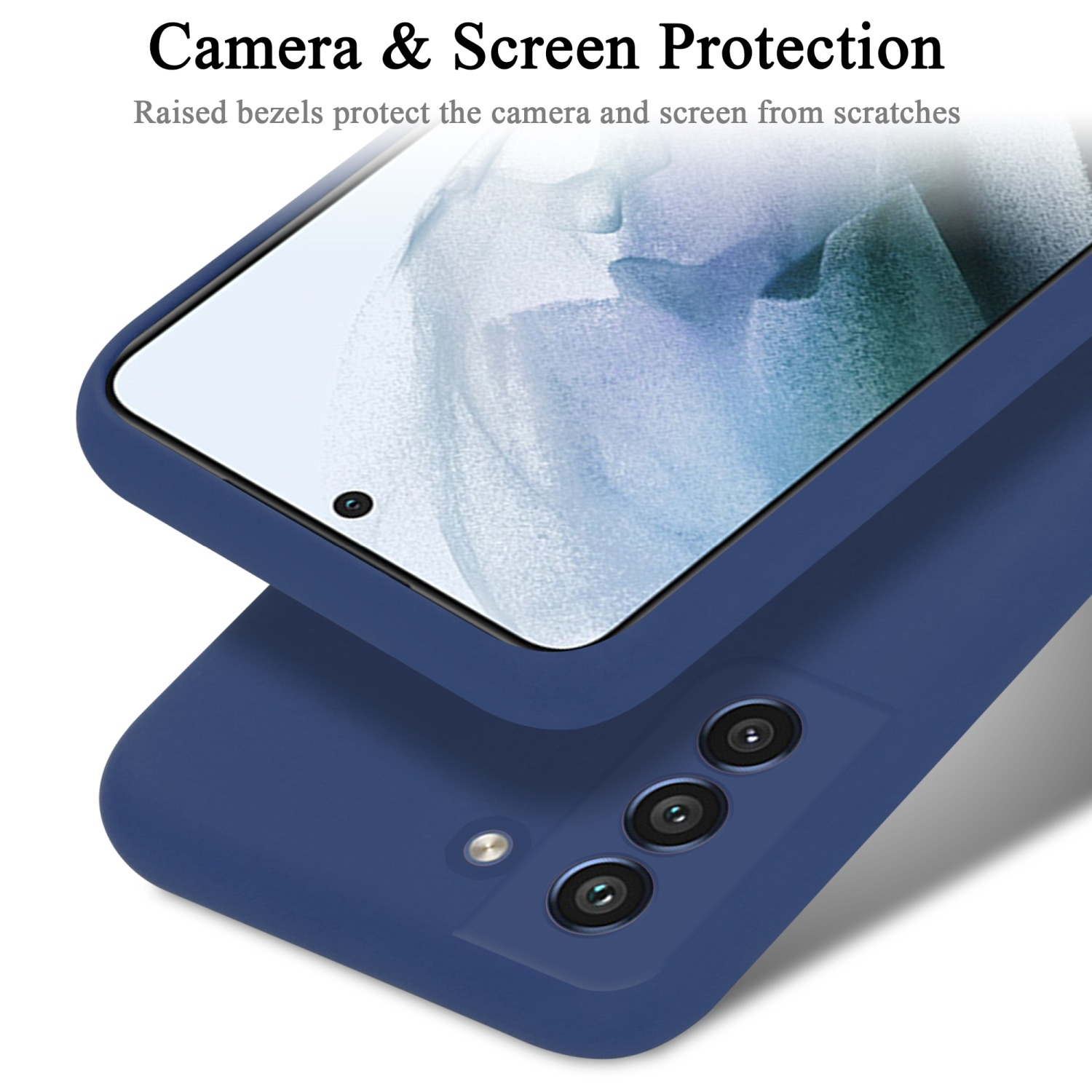Eine blaue Handyhülle mit Displayschutz. Text: Kamera- und Bildschirmschutz.