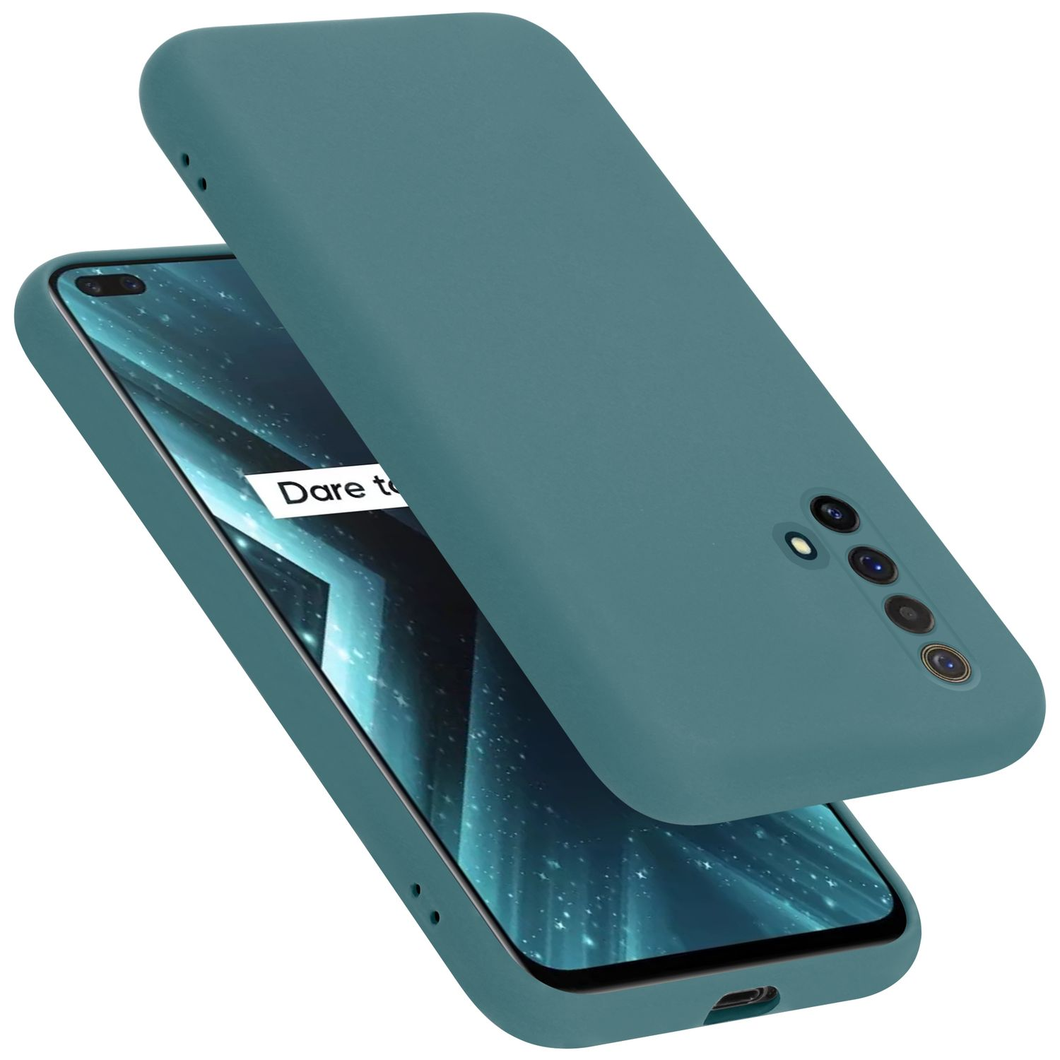 Türkisfarbene Handyhülle mit Telefon, Hülle offen, mit blau-grünem Bildschirm.