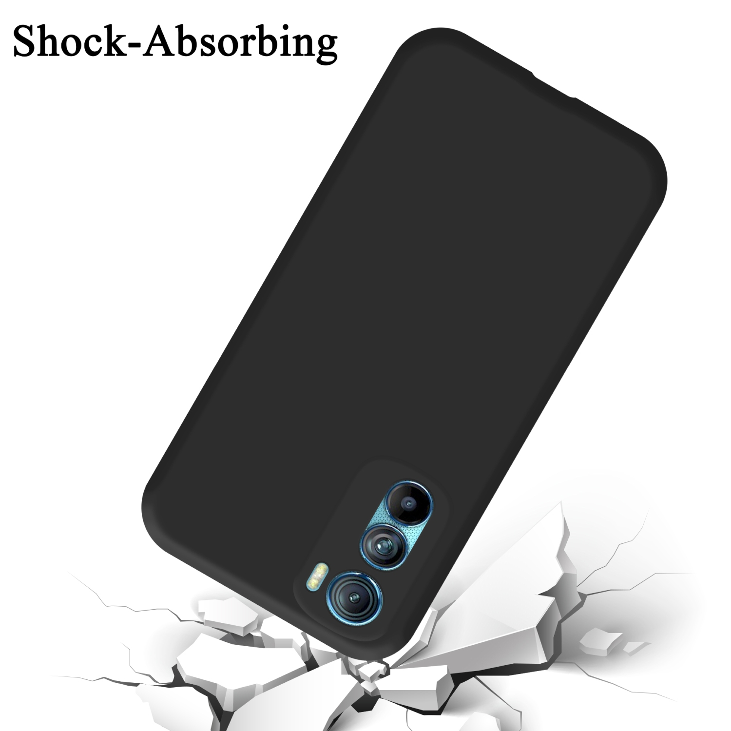Eine schwarze Handyhülle mit einem Telefon darin, mit einem weißen Hintergrund mit Rissen, die einen Aufprall andeuten.