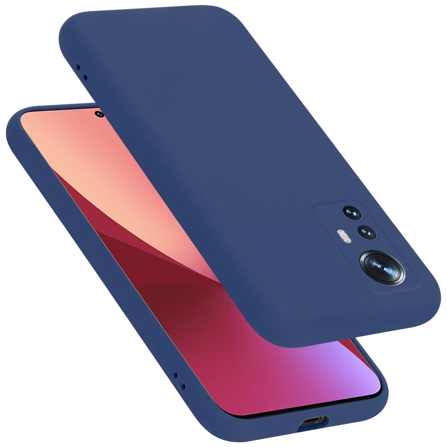 Eine dunkelblaue Handyhülle mit einem Telefon, einer Kamera und einem Telefon.