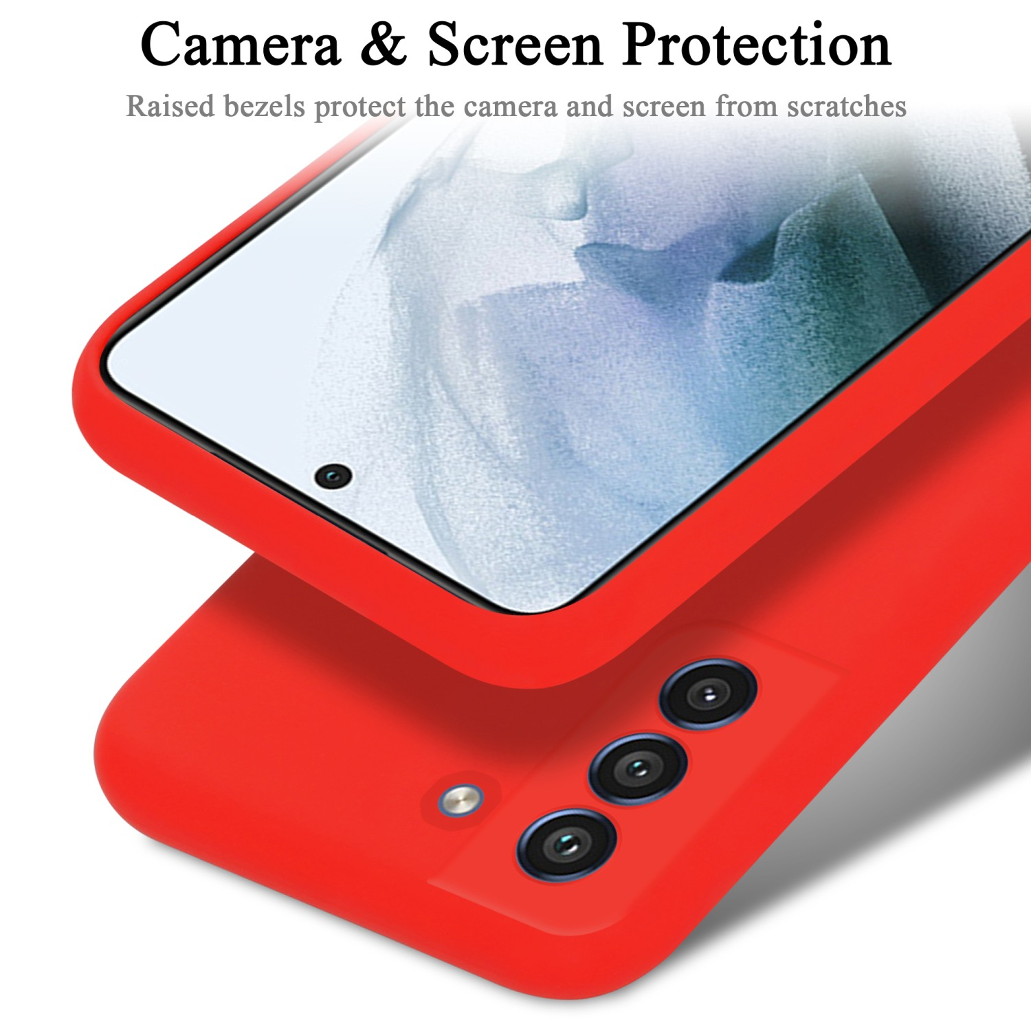 Eine rote Handyhülle mit einem Telefon, Kamera- und Bildschirmschutzdetails werden angezeigt.