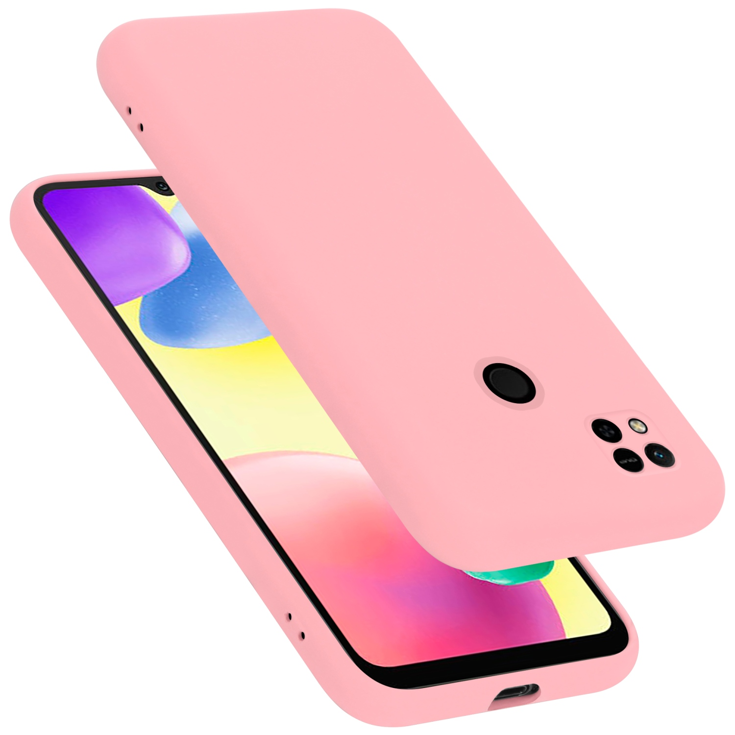 Rosafarbene Handyhülle, Telefon, leicht geöffnet, weißer Hintergrund.