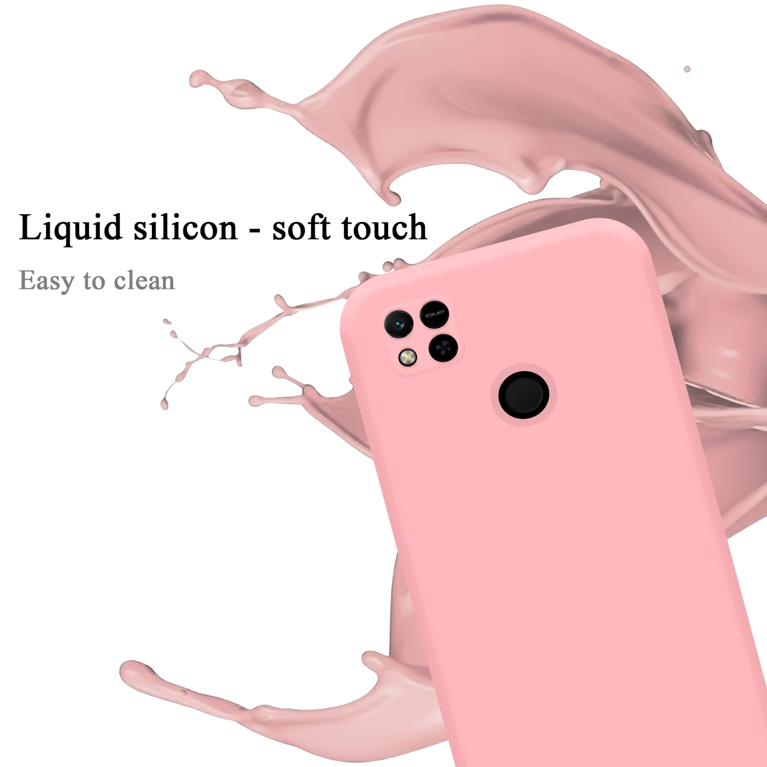 Rosa Handyhülle mit Telefon, rosafarbener Spritzer im Hintergrund. Die Hülle hat einen Kameraausschnitt.