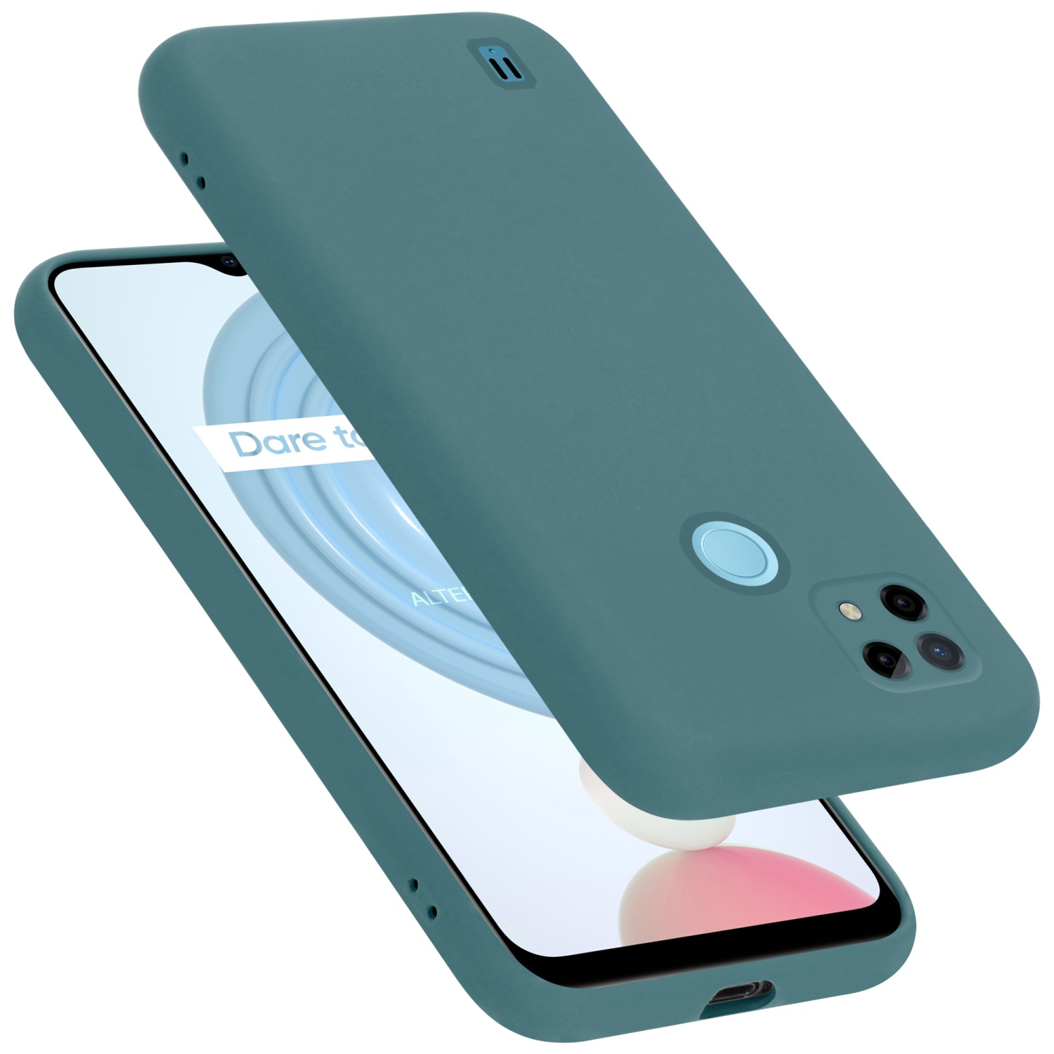 Türkis Handyhülle mit türkisfarbenem Telefon. Die Handyhülle ist geöffnet.