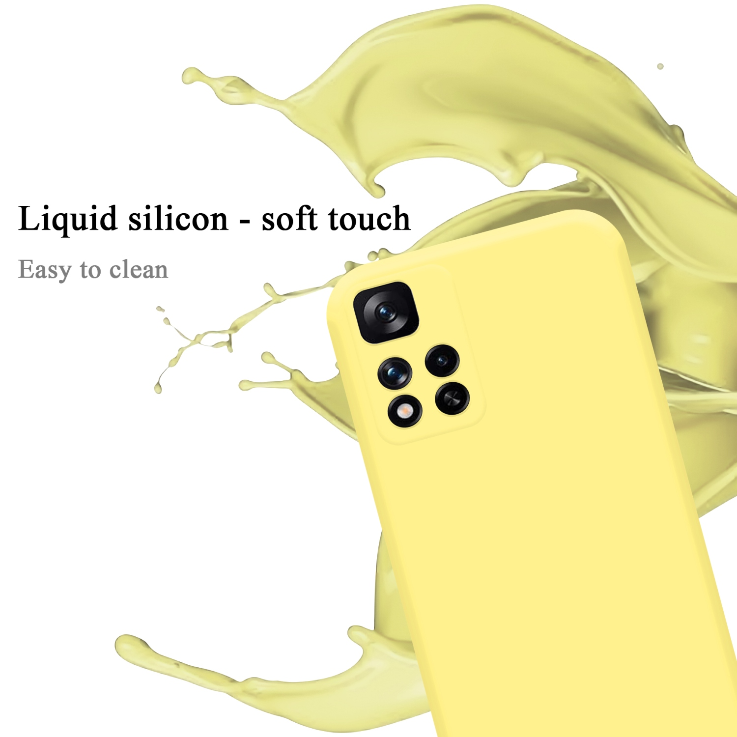 Una custodia per telefono gialla con un rigonfiamento della fotocamera viene mostrata contro uno spruzzo giallo.